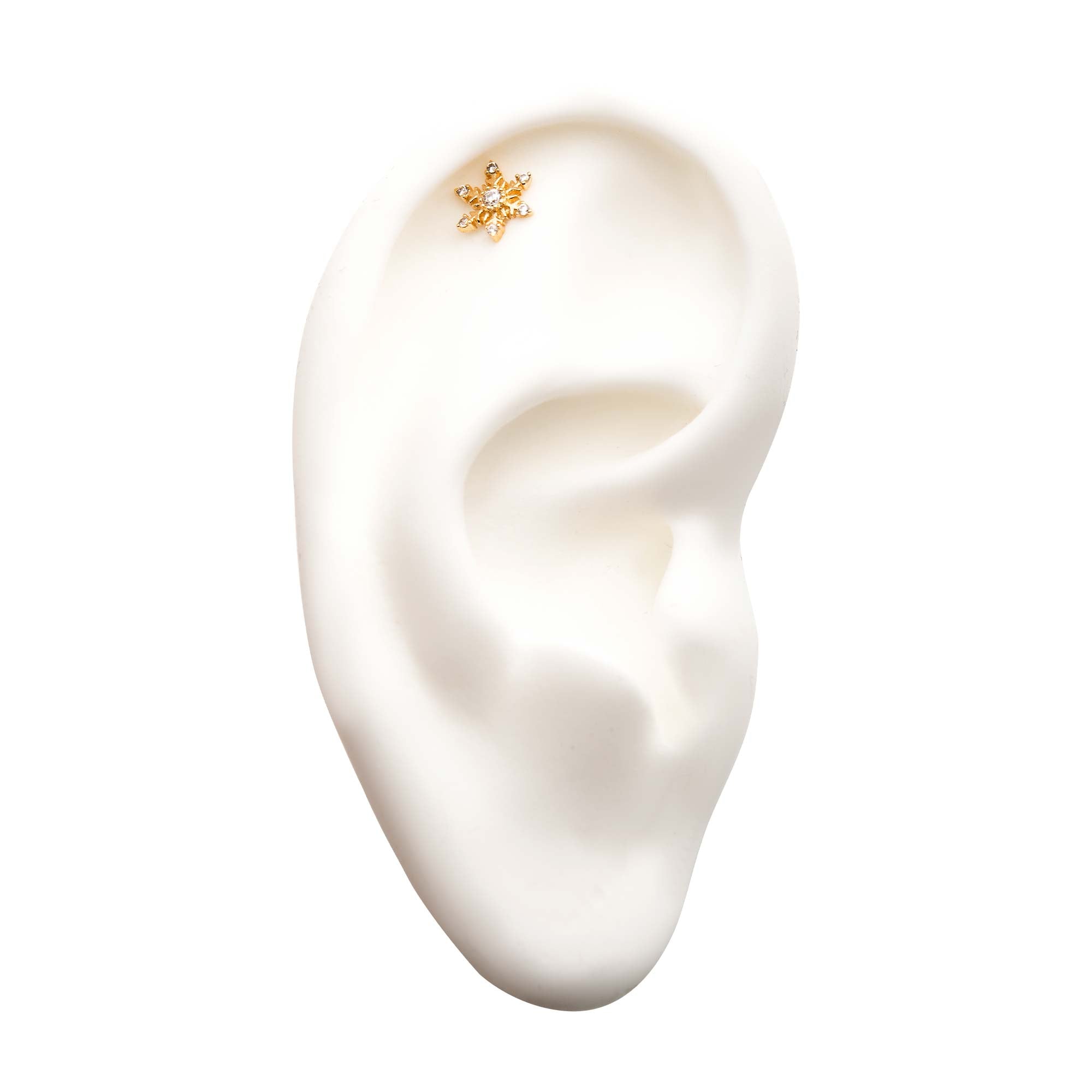 14Kt Gold Threadless Triple CZ Snowflake Top Yellow Gold