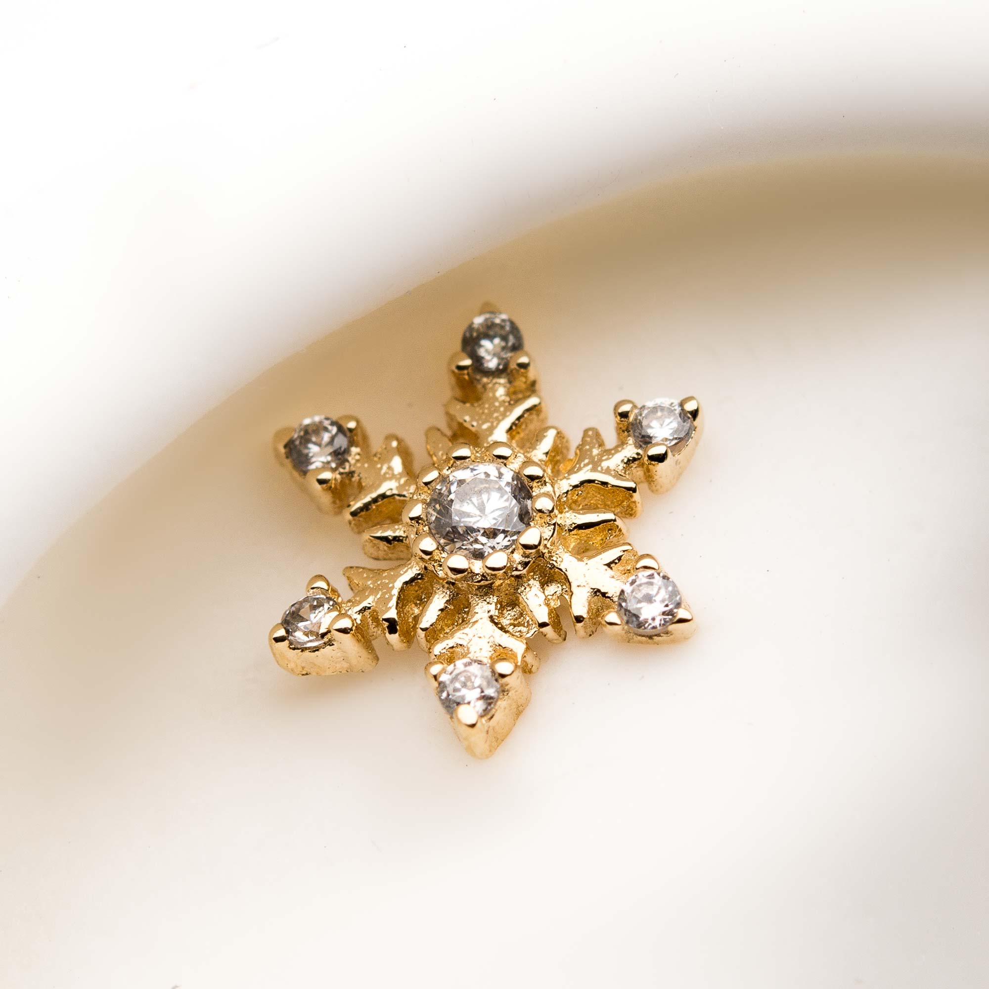 14Kt Gold Threadless Triple CZ Snowflake Top Yellow Gold