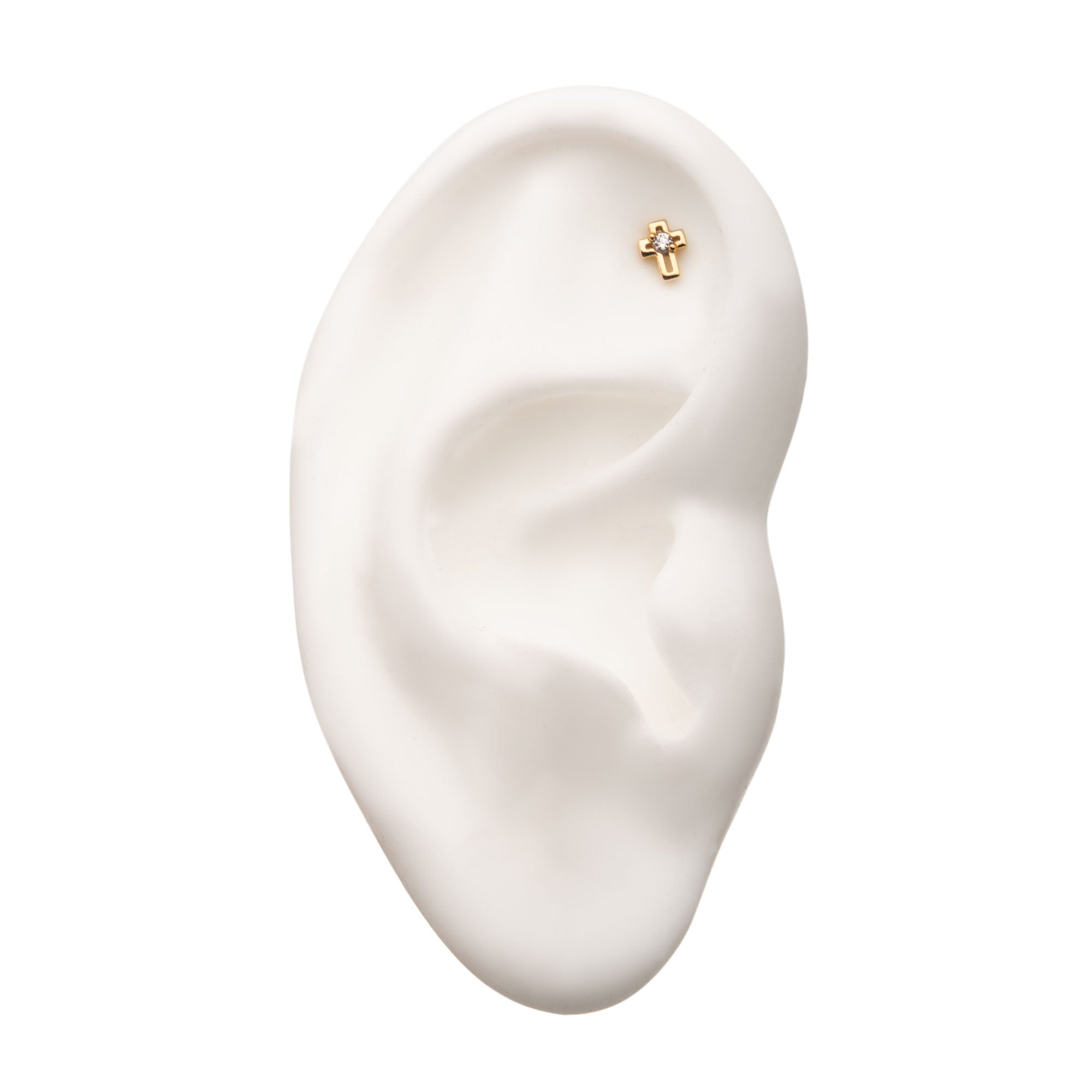 14Kt Yellow Gold Threadless with Clear Gem Cut Out Cross Top