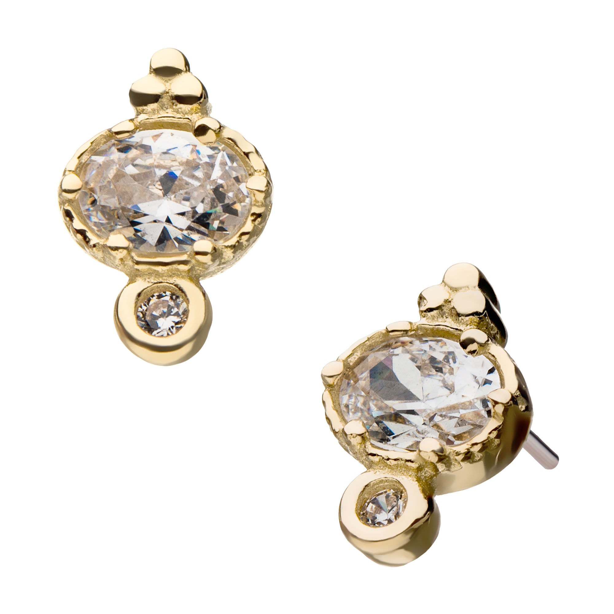 14Kt Yellow Gold Threadless Big & Small Clear Gem & Tri-Bead Top