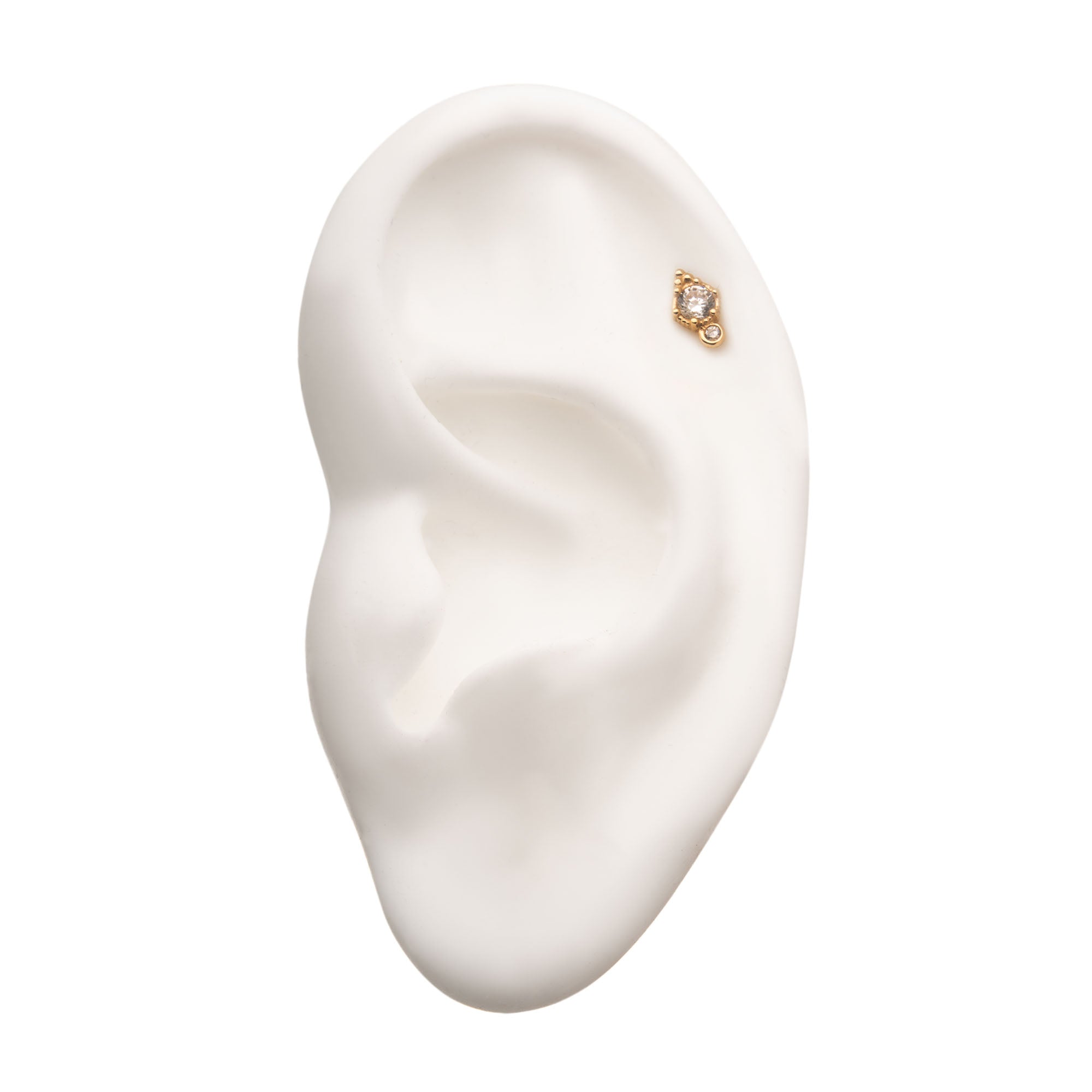 14Kt Yellow Gold Threadless Big & Small Clear Gem & Tri-Bead Top