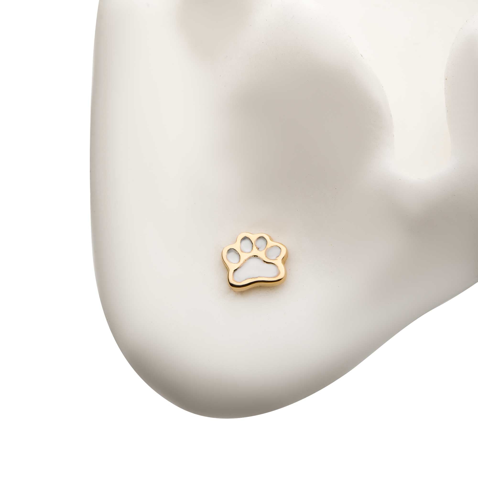 14kt Yellow Gold Threadless White Enamel Dog Paw Top