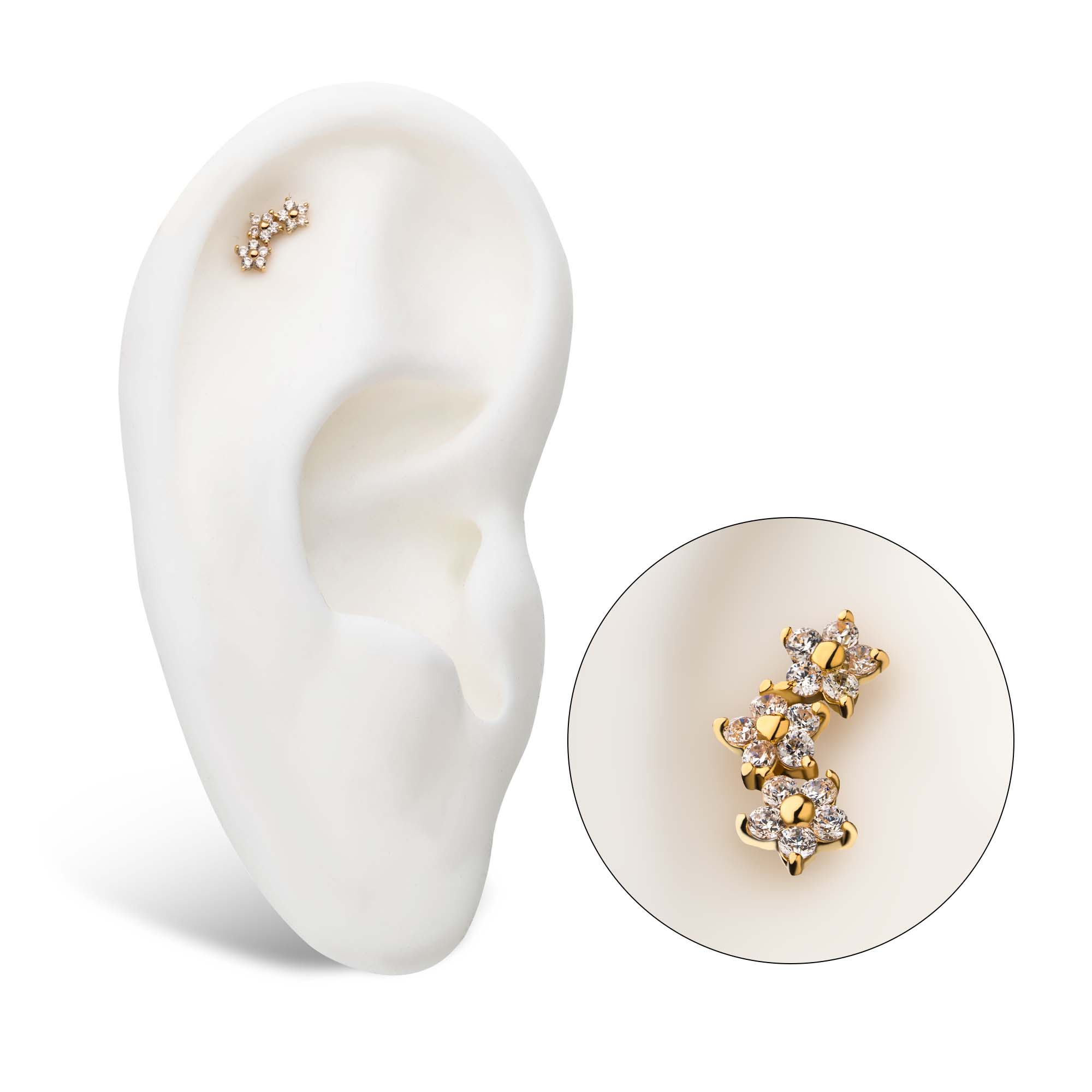 14kt Yellow Gold Threadless Clustered Trinity Flower Clear CZ Top