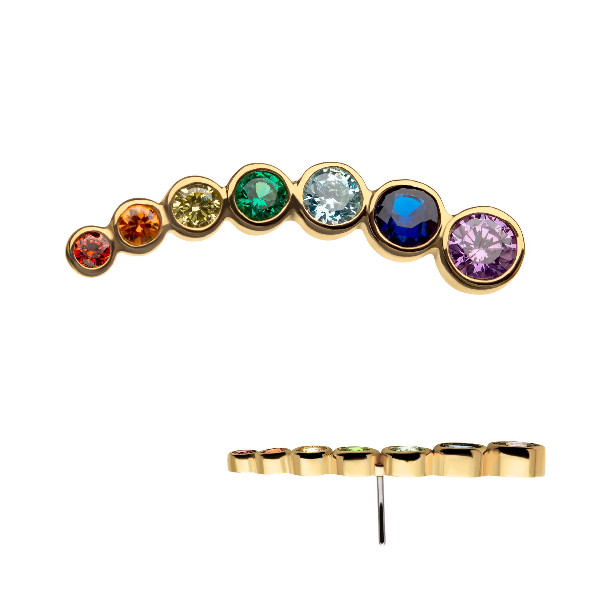14kt Yellow Gold Threadless Bezel Set Rainbow CZ 7-Cluster Top (Right Ear)