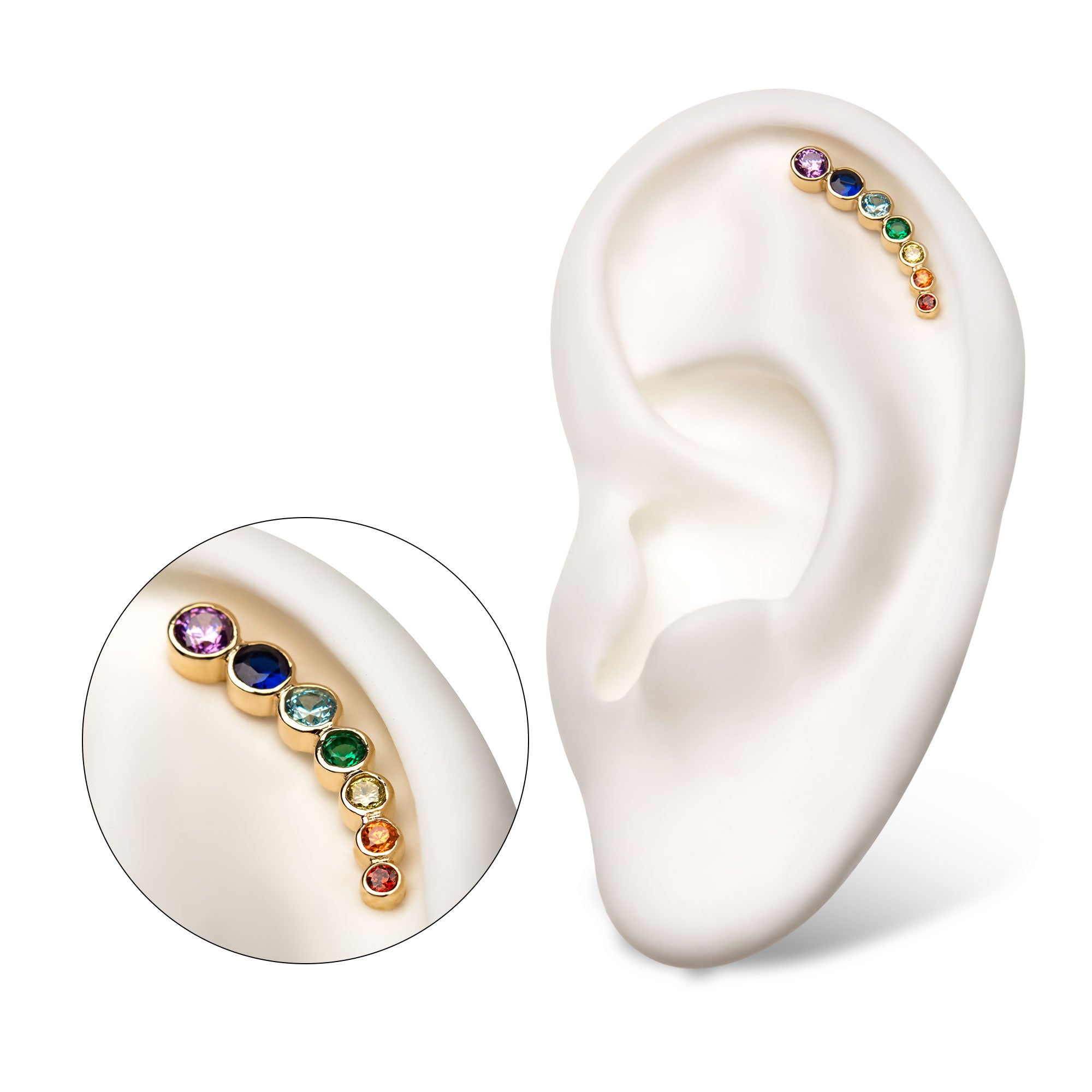 14kt Yellow Gold Threadless Bezel Rainbow CZ 7-Cluster Top (Left Ear)