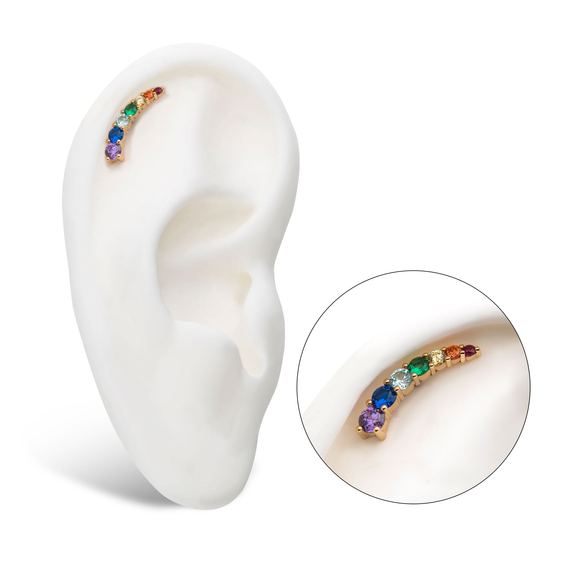 14kt Yellow Gold Threadless Rainbow CZ 7-Cluster Top (Left Ear)