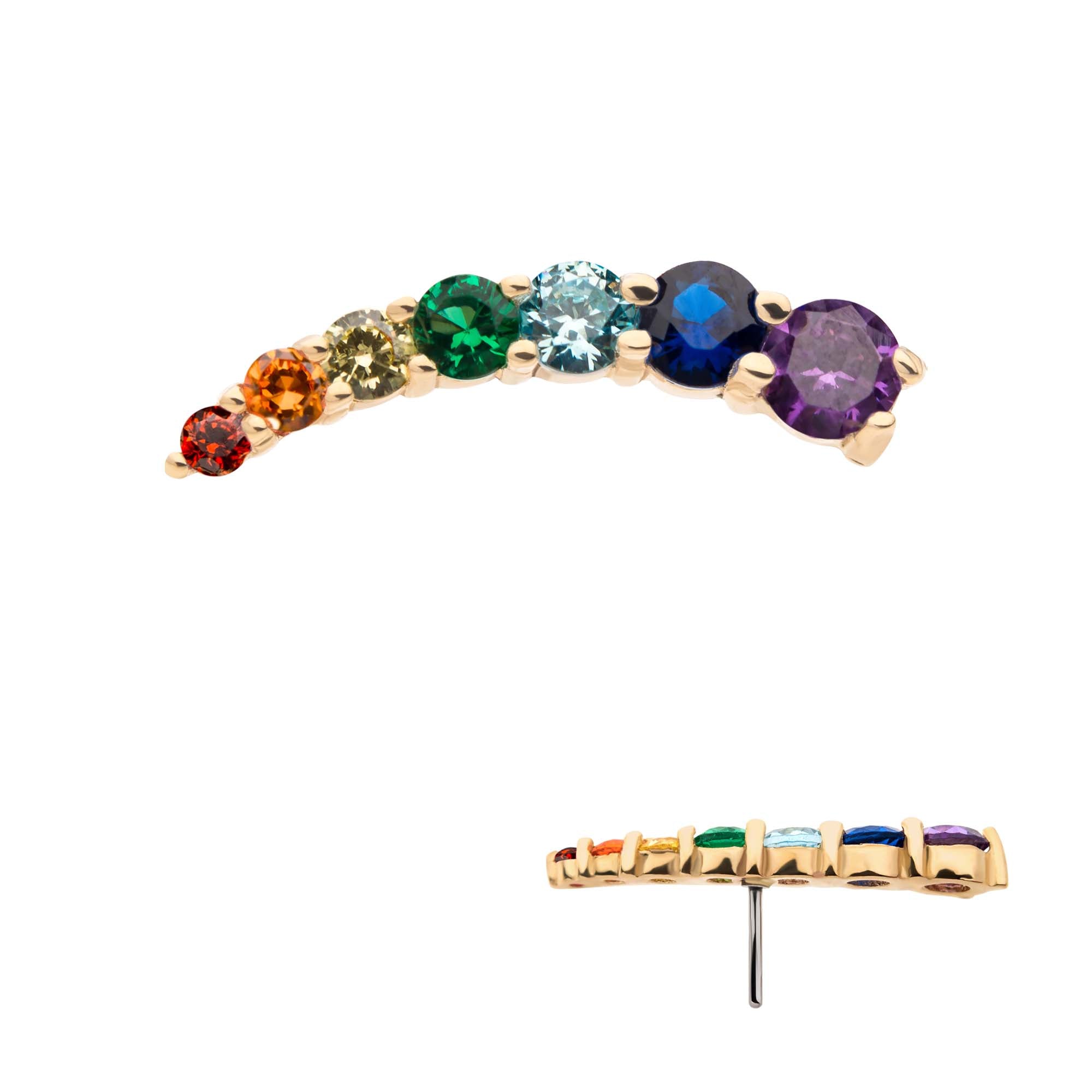 14kt Yellow Gold Threadless Prong Set Rainbow CZ 7-Cluster Top (Right Ear)