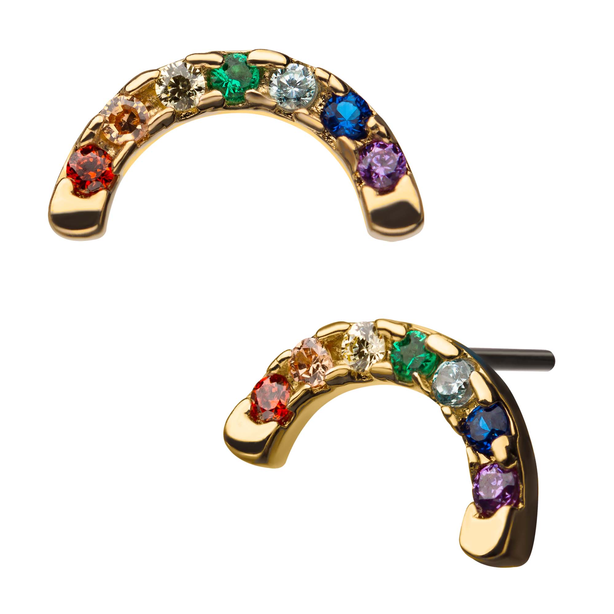 14kt Yellow Gold Threadless Prong Set Rainbow CZ 7-Cluster Arch Top