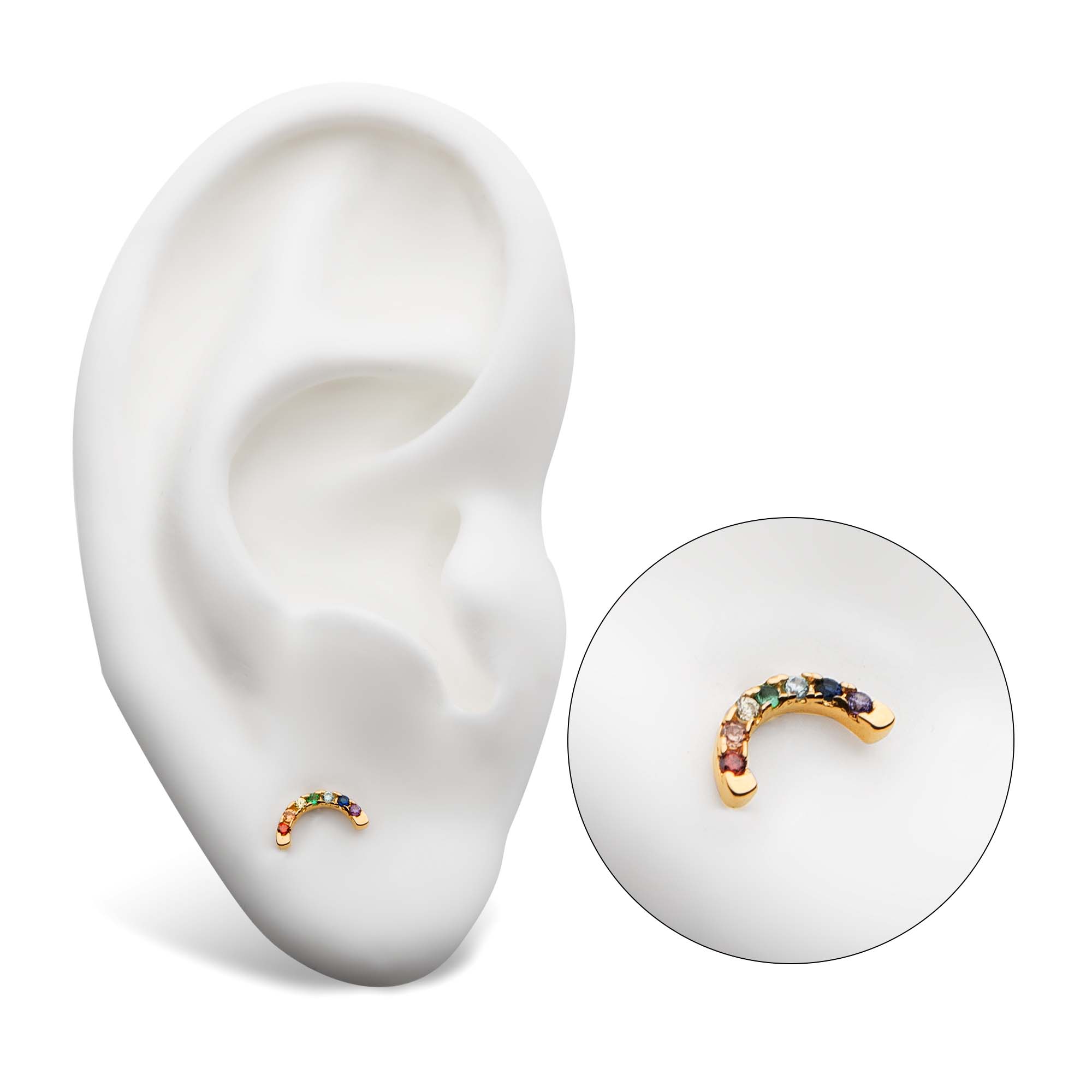 14kt Yellow Gold Threadless Prong Set Rainbow CZ 7-Cluster Arch Top