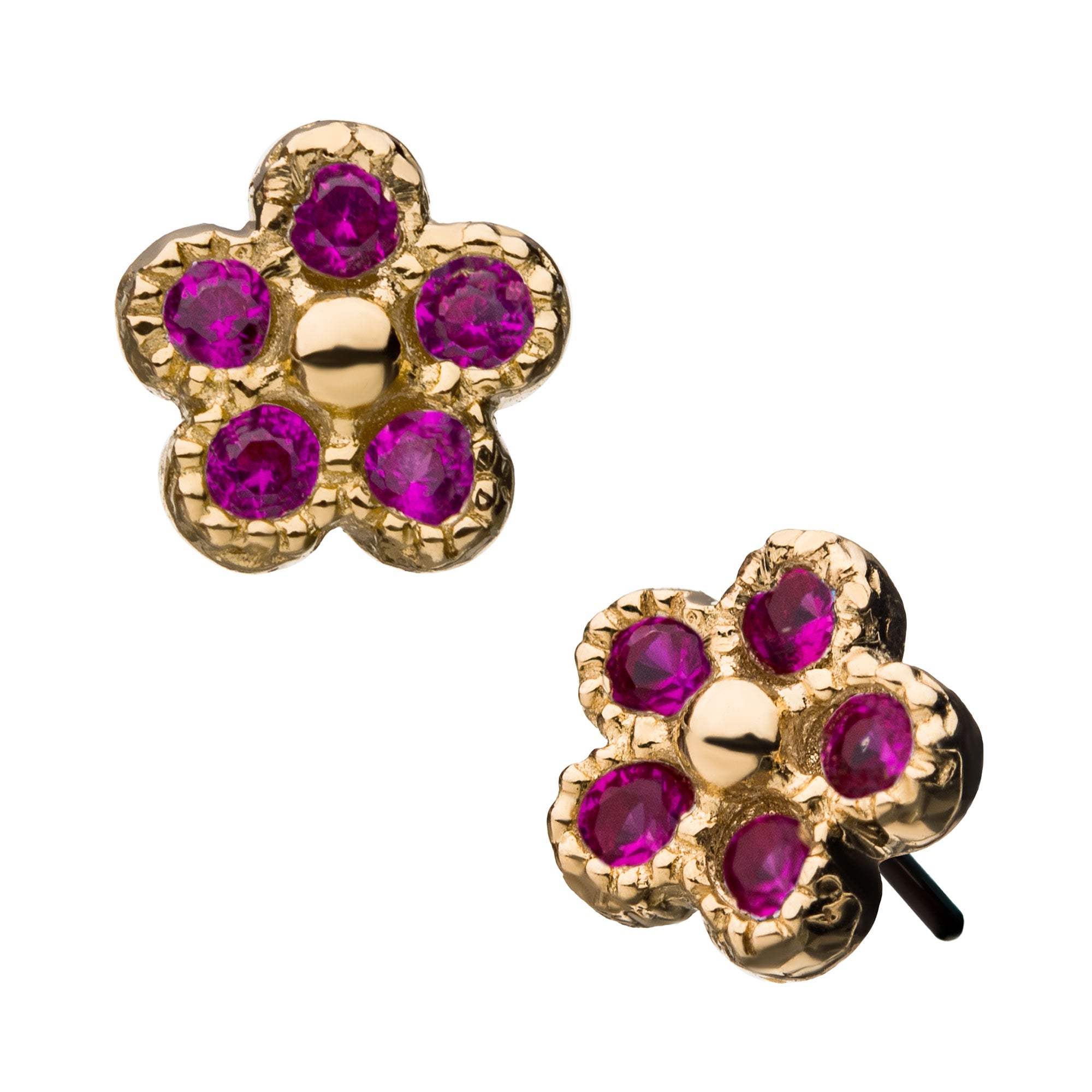 14kt Yellow Gold Threadless CZ Five Petal Flower Top Fuchsia