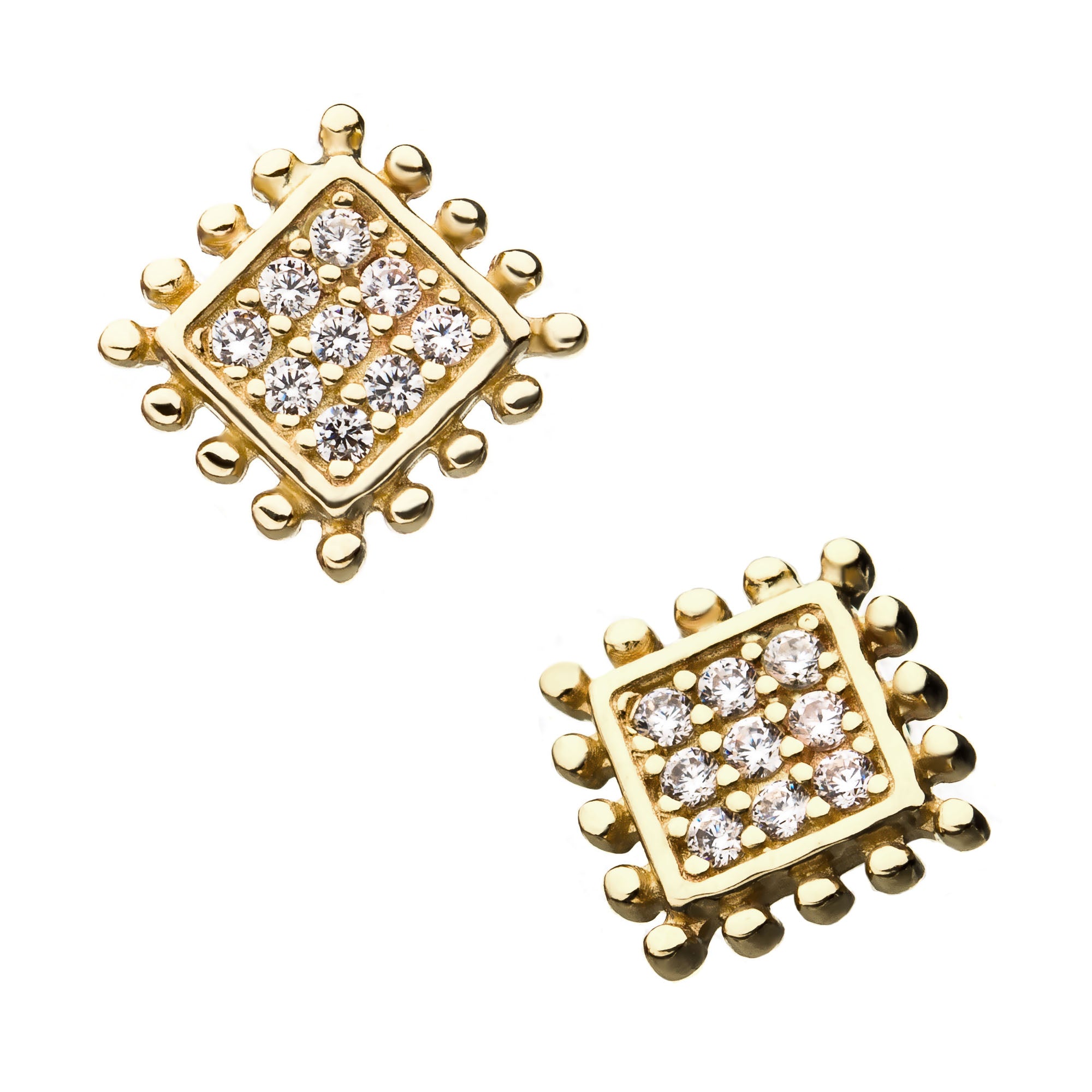 14kt Yellow Gold Threadless Beaded Edge & Pave Clear CZ Square Shape Top
