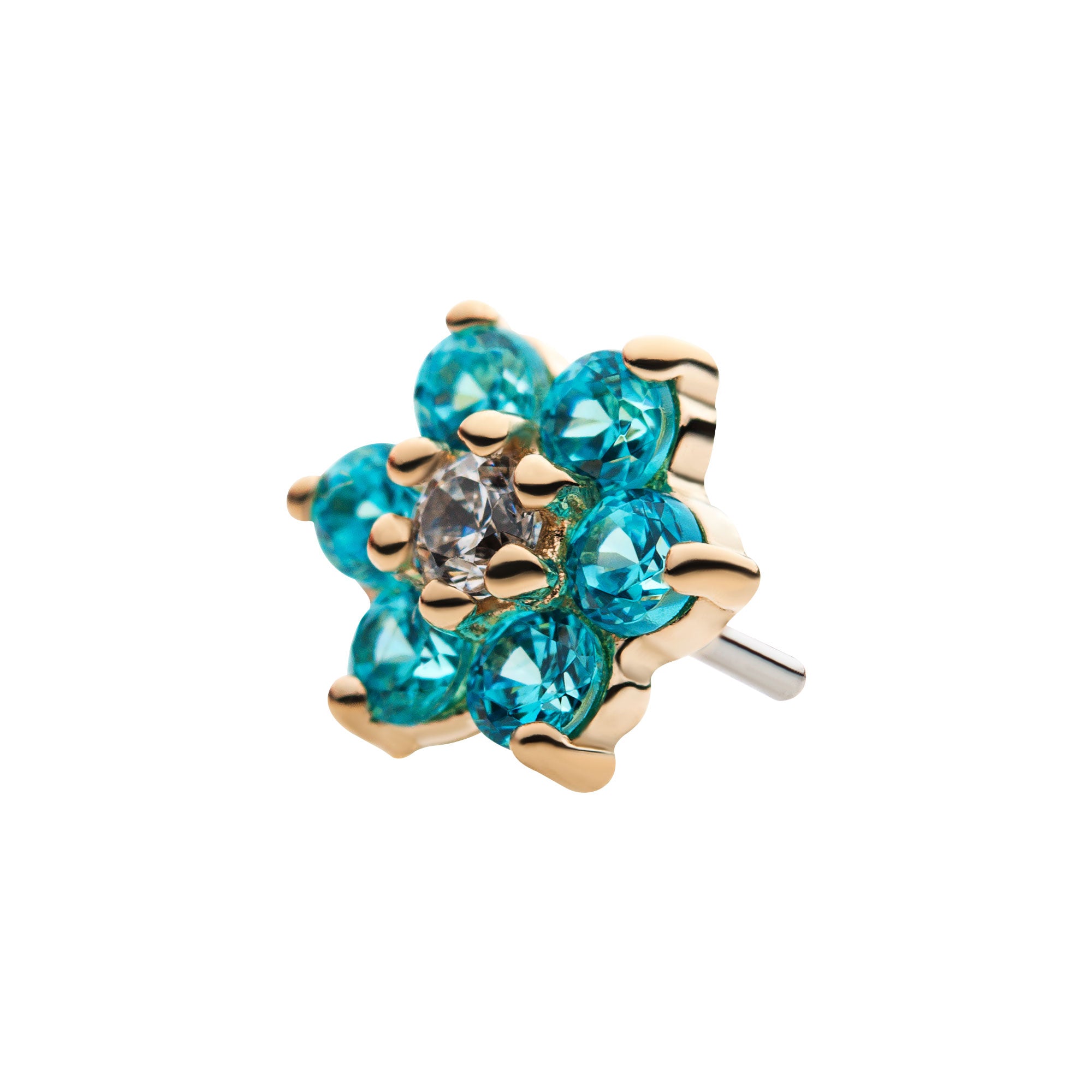 14kt Yellow Gold Threadless Blue/Clear CZ Flower Top