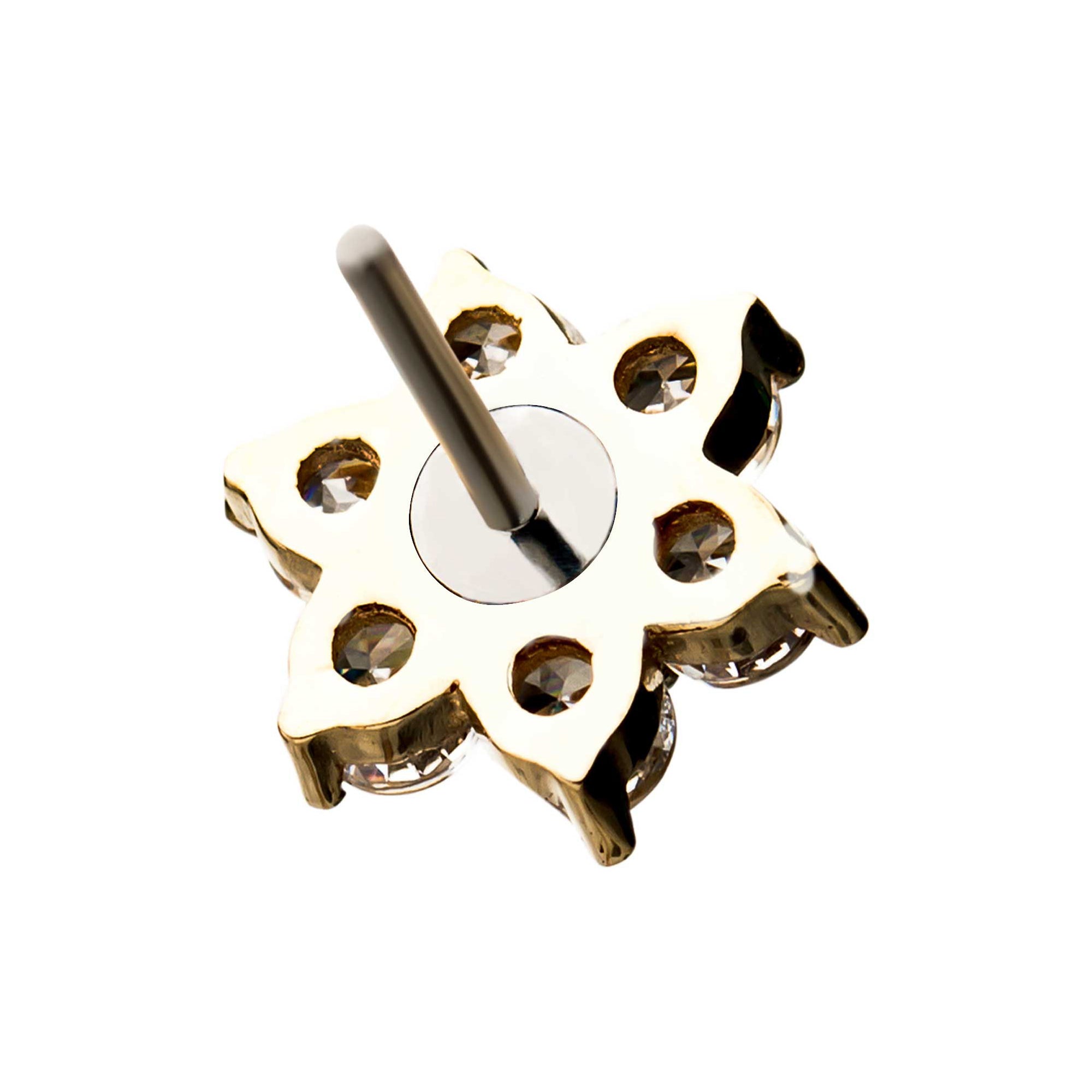 14kt Yellow Gold Threadless Clear Pink Opal 6-CZ Clear Gems and Synthetic Opal Top