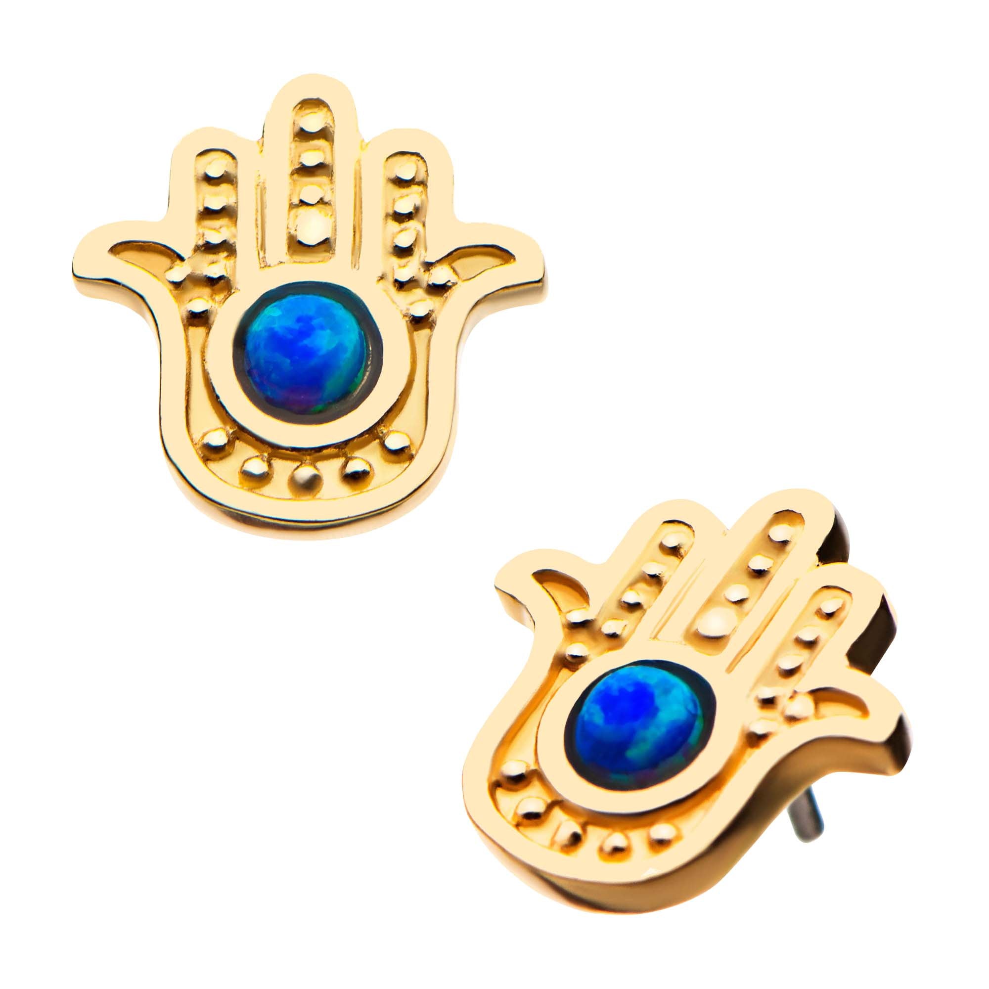 14kt Yellow Gold Threadless Hamsa Blue Opal Top