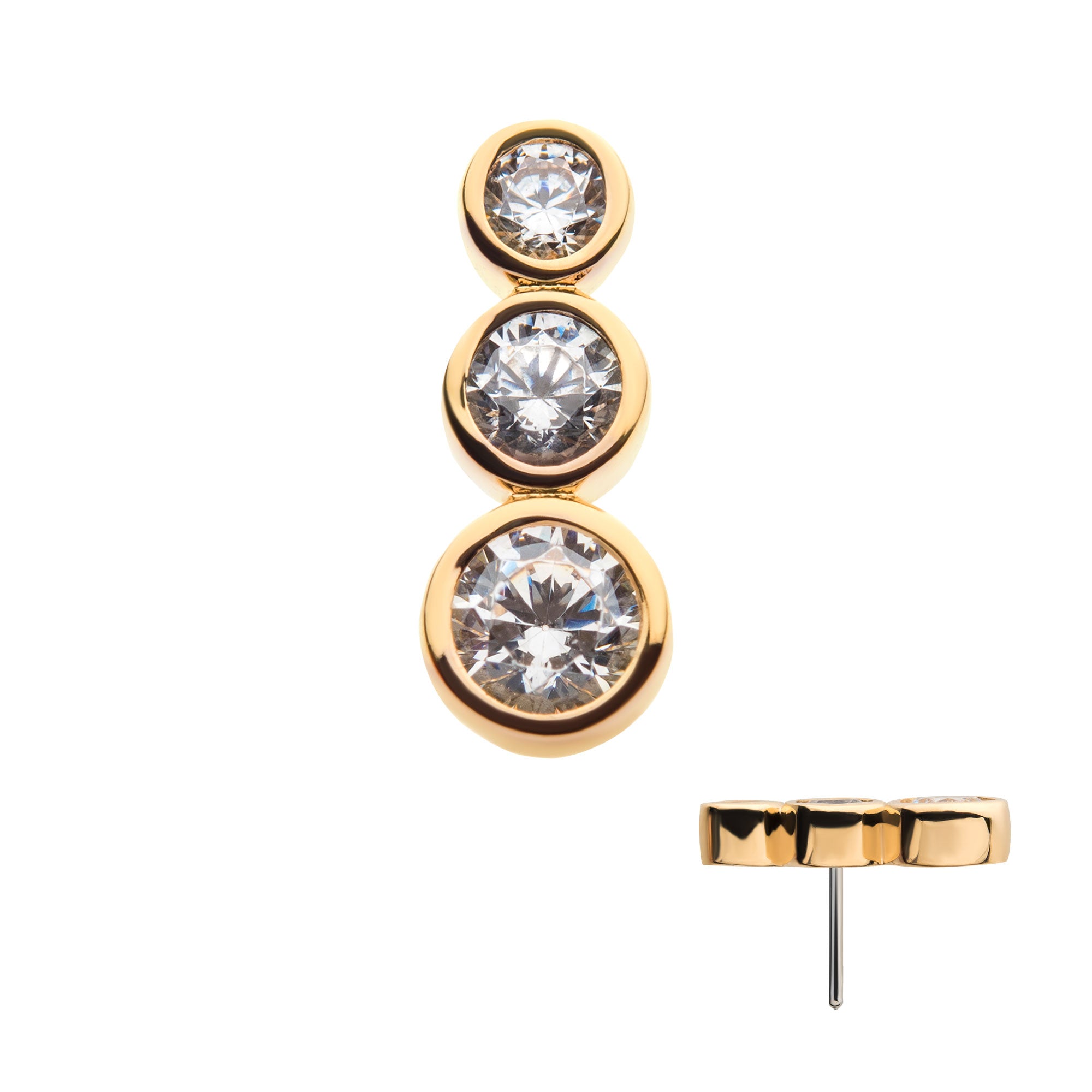 14kt Yellow Gold Threadless Bezel Set Triple Clear CZ Cluster Top