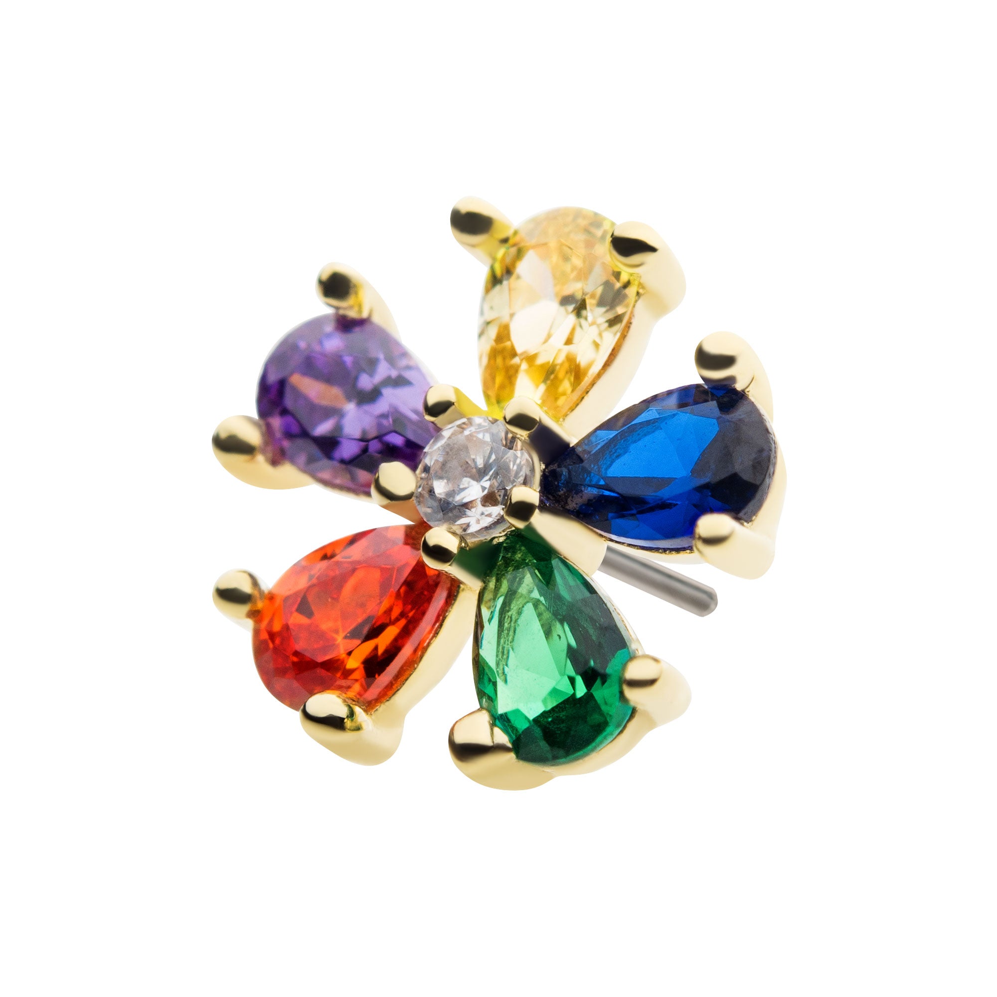 14kt Yellow Gold Threadless Prong Set 5pcs Teardrop Rainbow CZ Flower Top