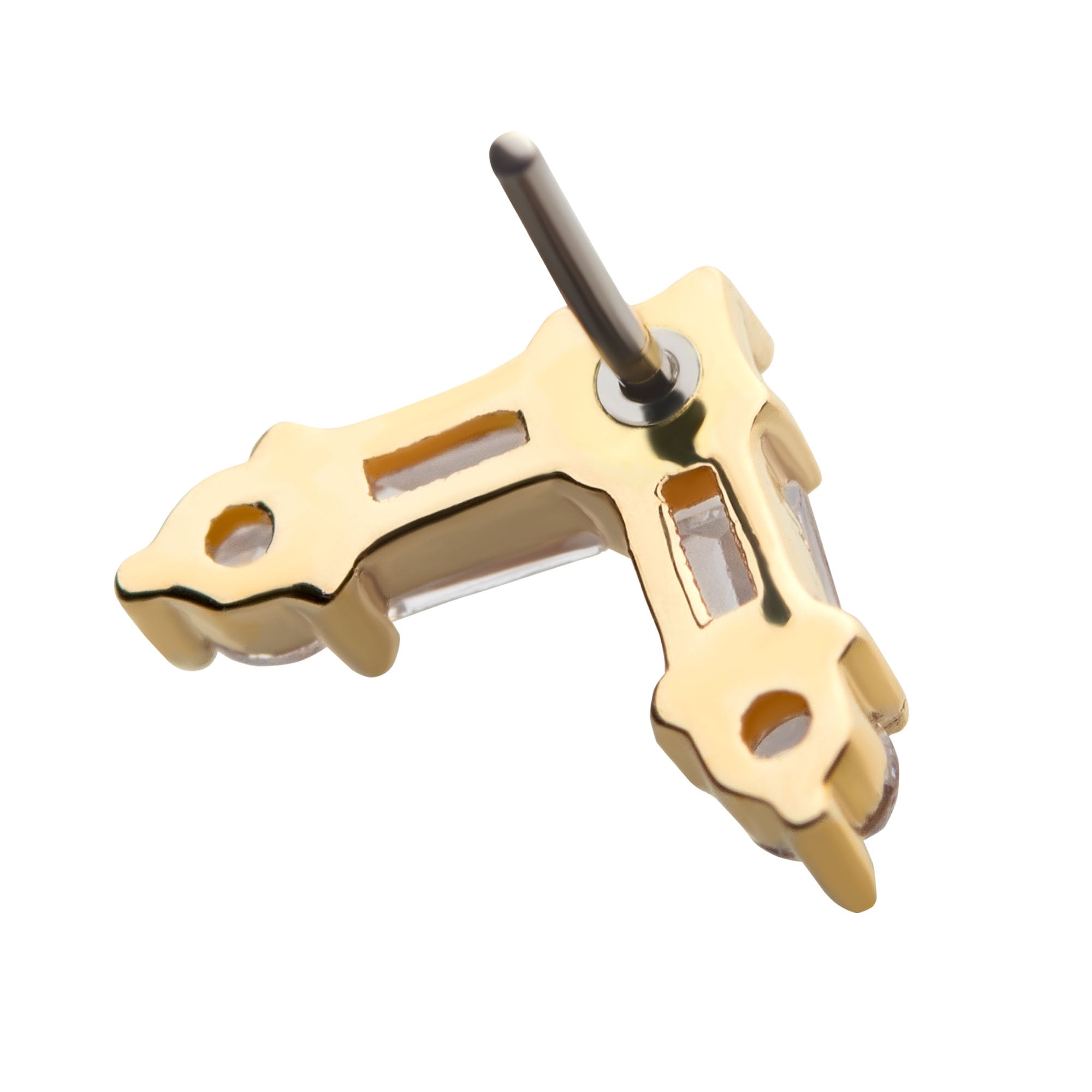 14kt Yellow Gold Threadless Prong Set Round and Baguette Clear CZ Triangle Top