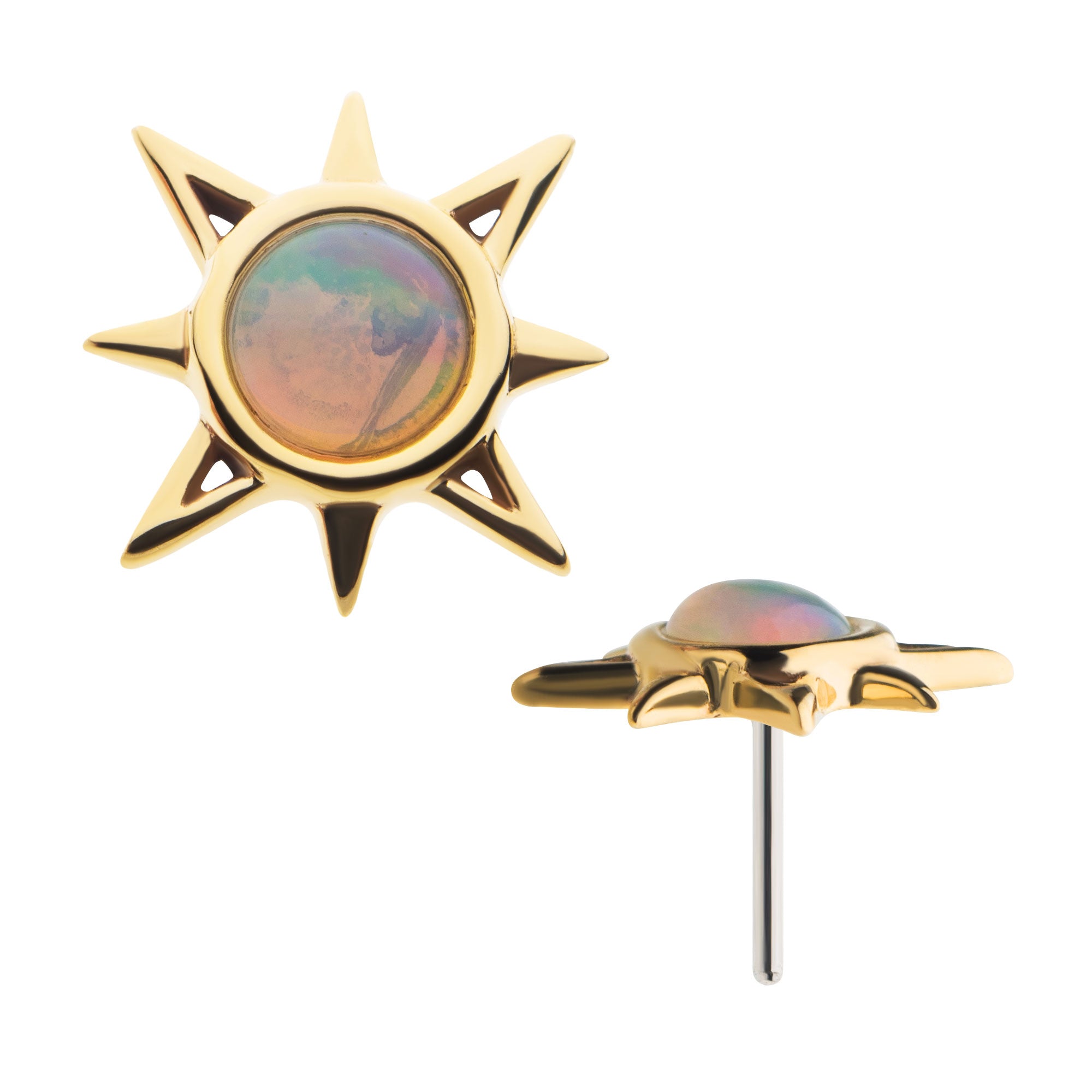 14kt Yellow Gold Threadless Round White Synthetic Opal Sunburst Top