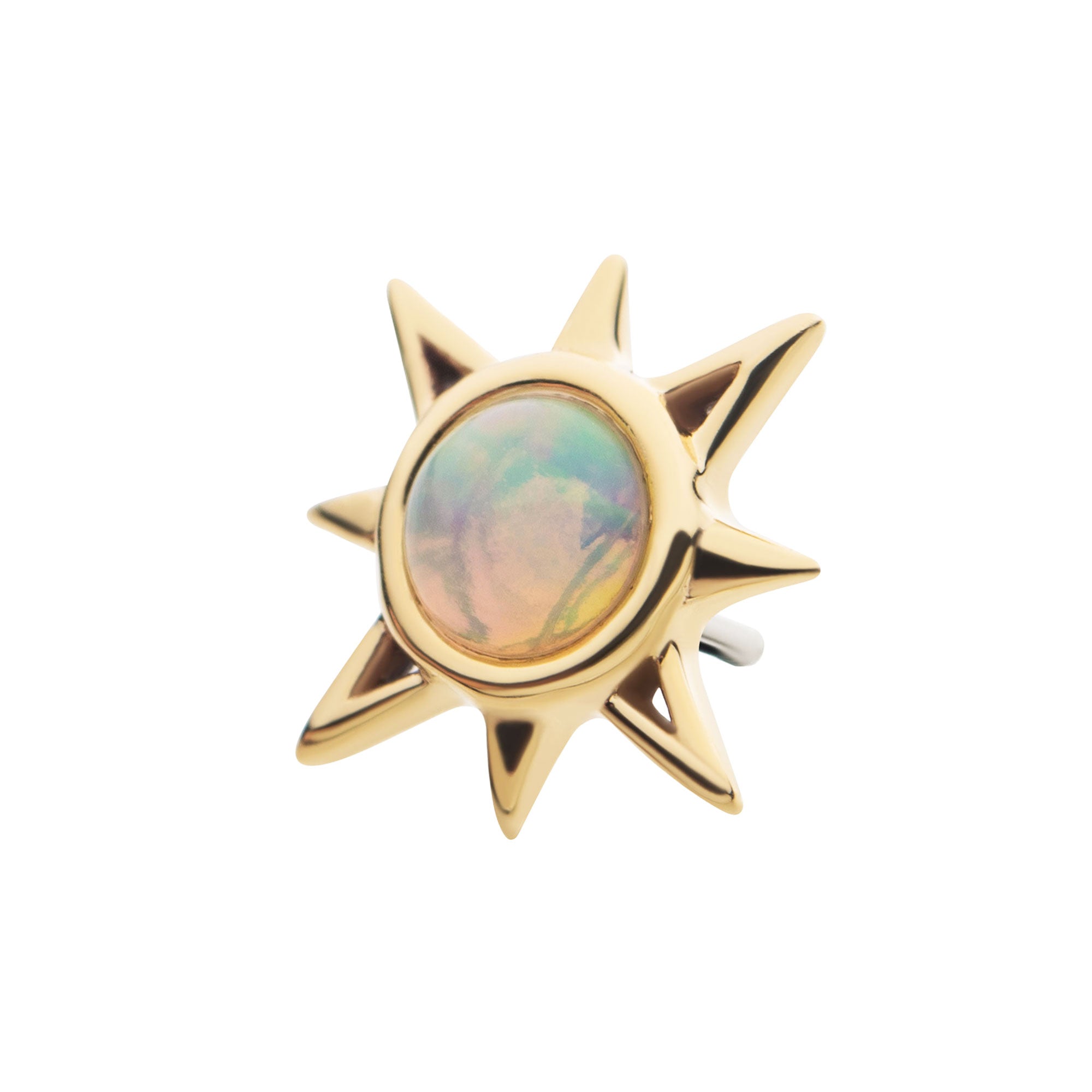 14kt Yellow Gold Threadless Round White Synthetic Opal Sunburst Top