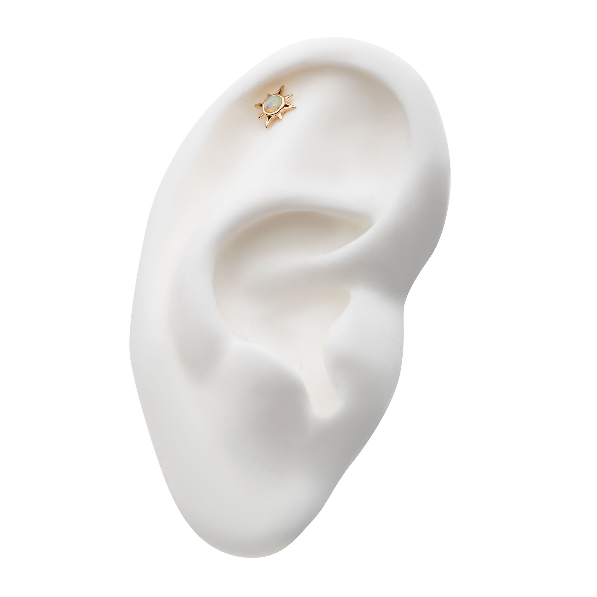 14kt Yellow Gold Threadless Round White Synthetic Opal Sunburst Top