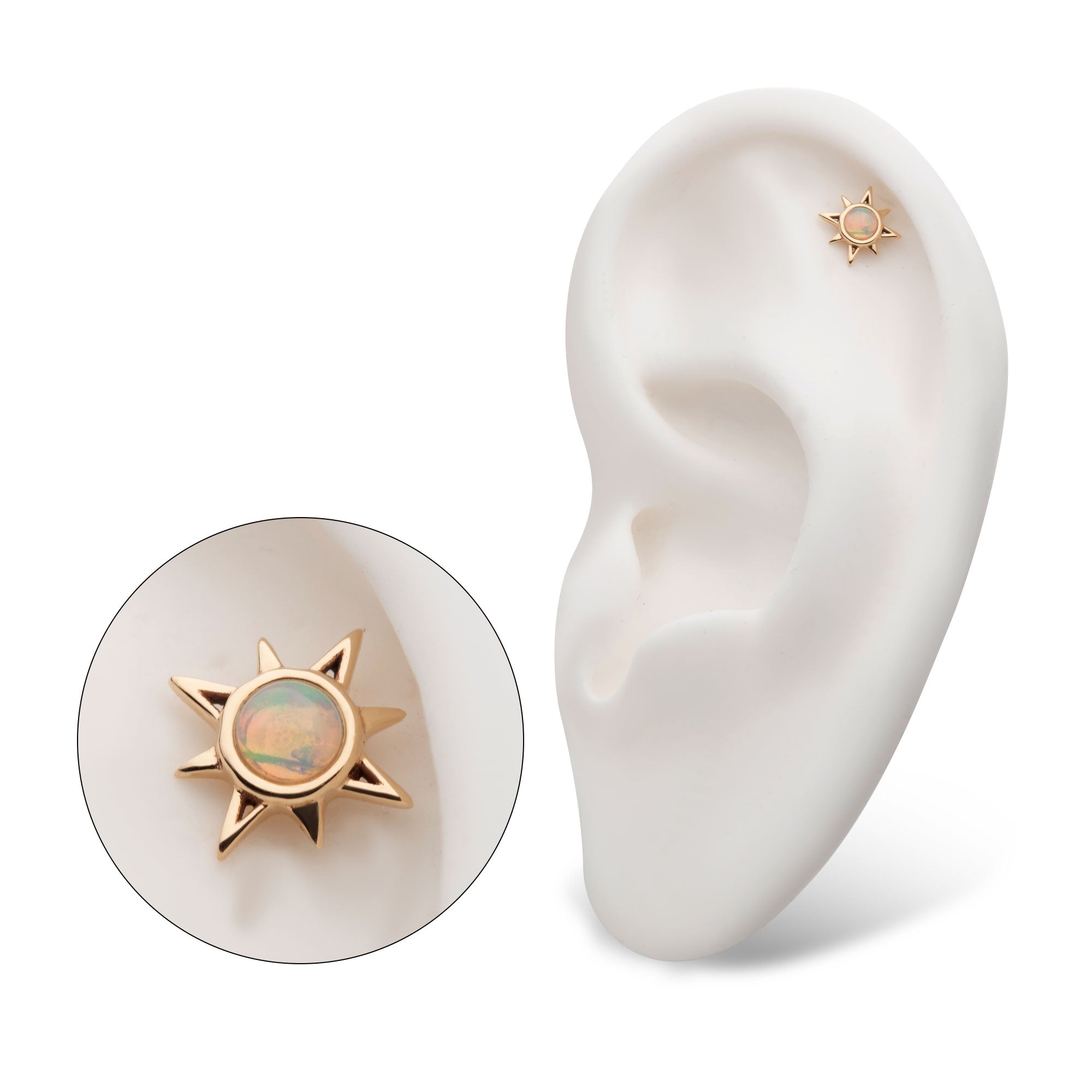 14kt Yellow Gold Threadless Round White Synthetic Opal Sunburst Top