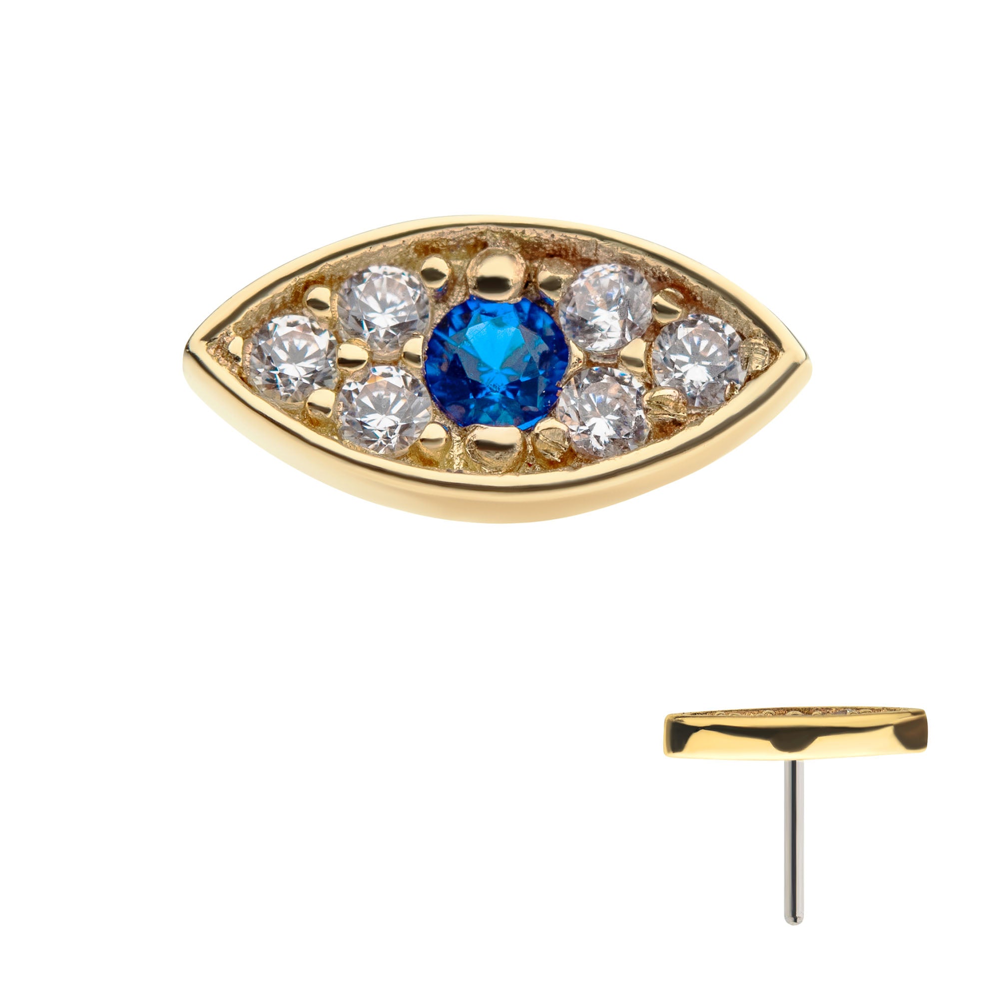 14kt Yellow Gold Threadless Round Sapphire & Clear CZ Evil Eye Top