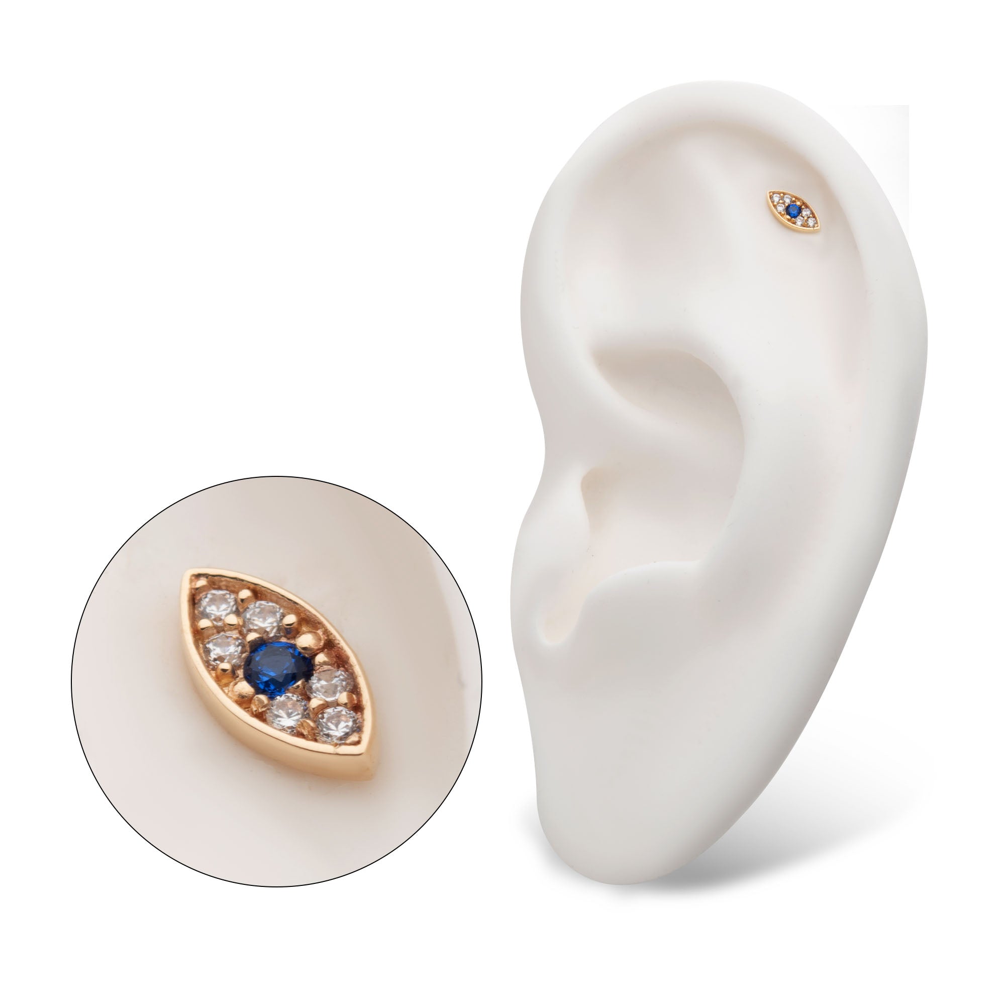 14kt Yellow Gold Threadless Round Sapphire & Clear CZ Evil Eye Top