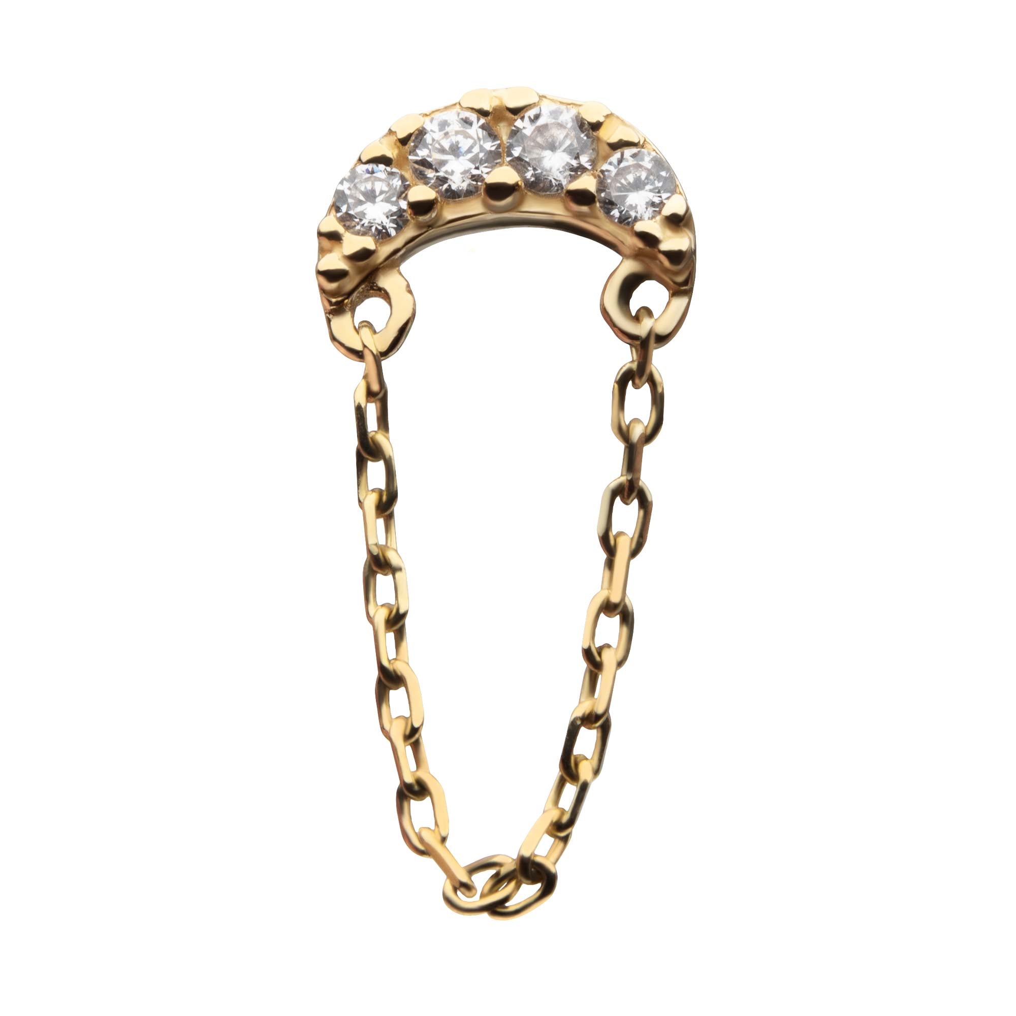14kt Yellow Gold Threadless Clear CZ Crescent Moon Top with Dangling Chain