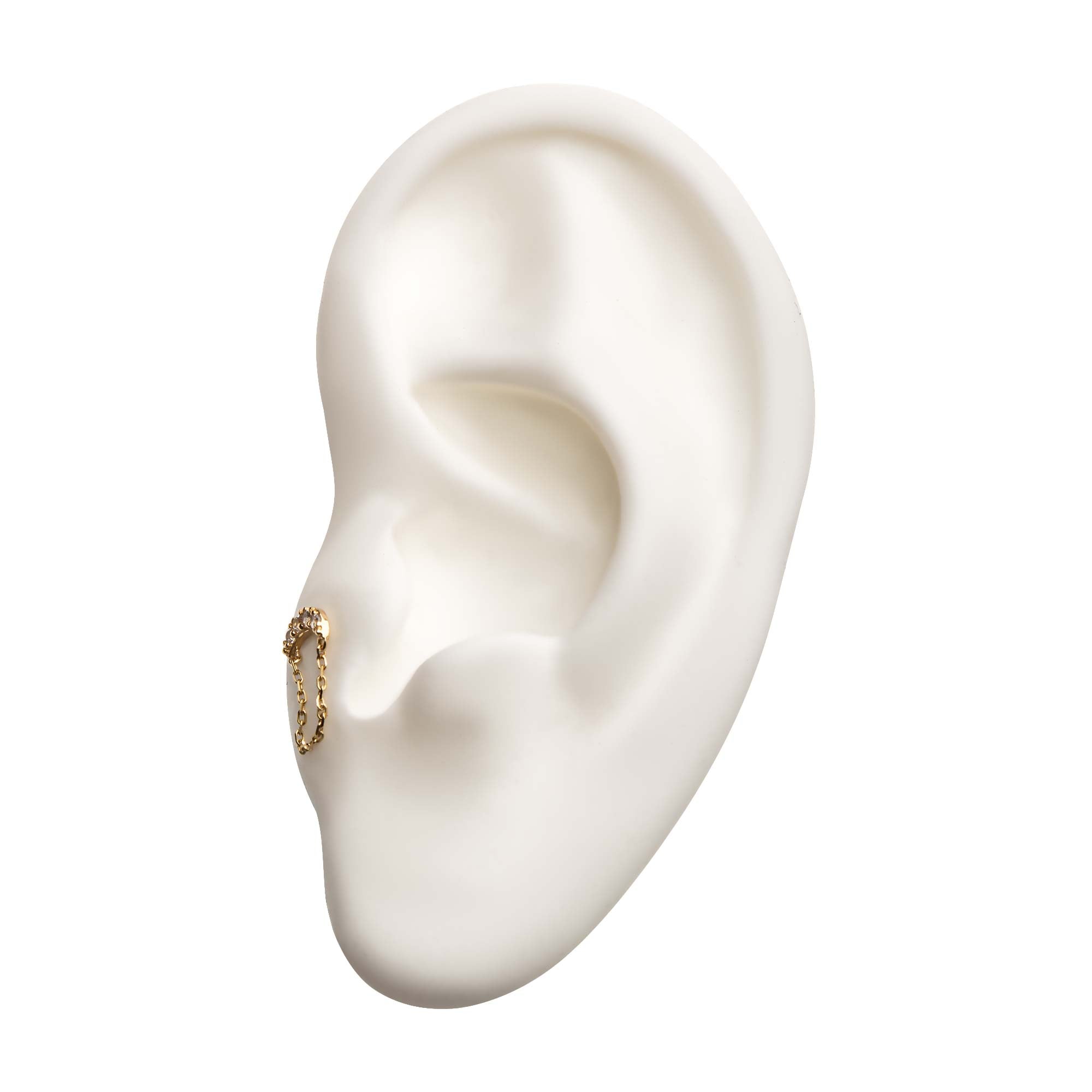 14kt Yellow Gold Threadless Clear CZ Crescent Moon Top with Dangling Chain