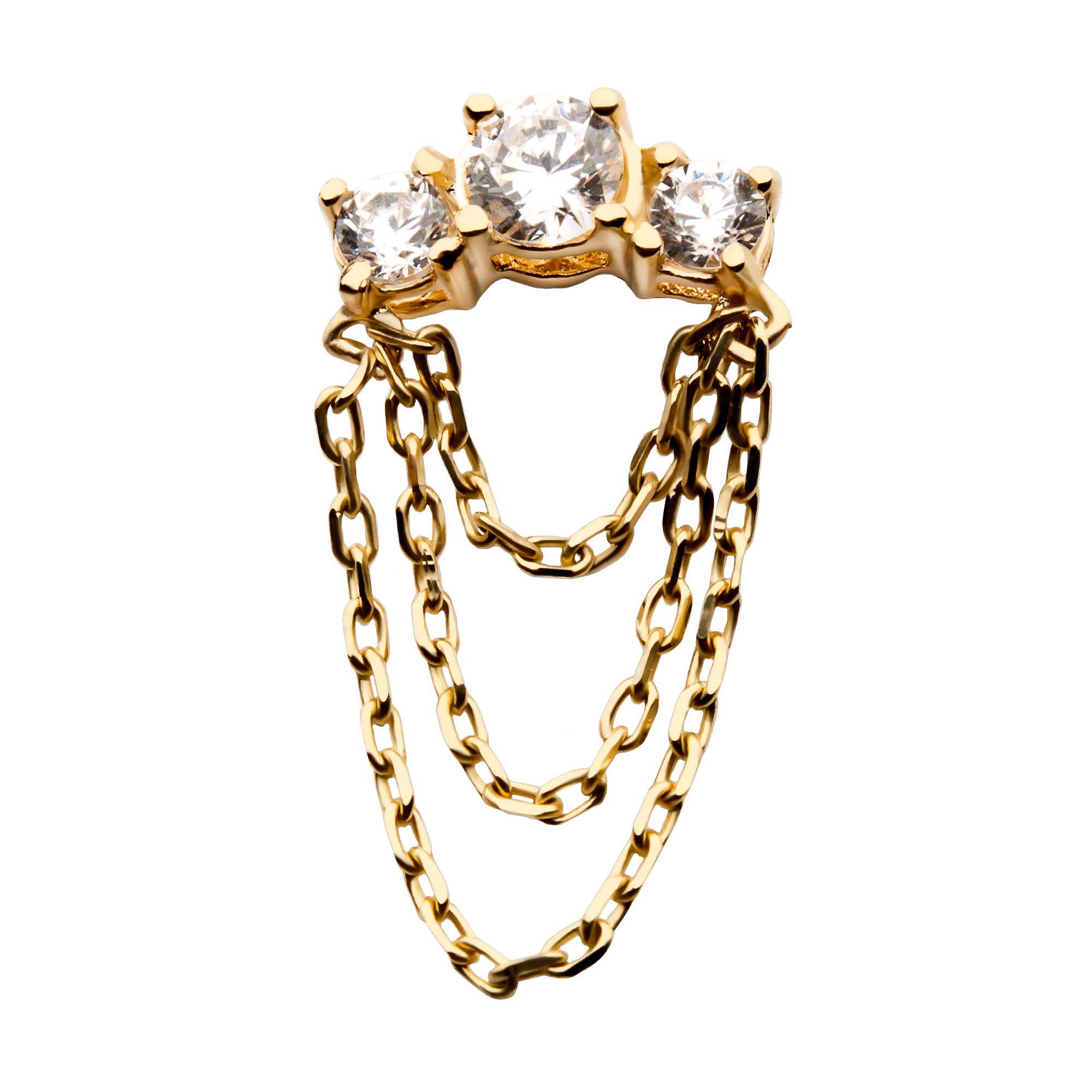 14kt Yellow Gold Threadless Prong Set Clear CZ Top with 3 Dangling Chains