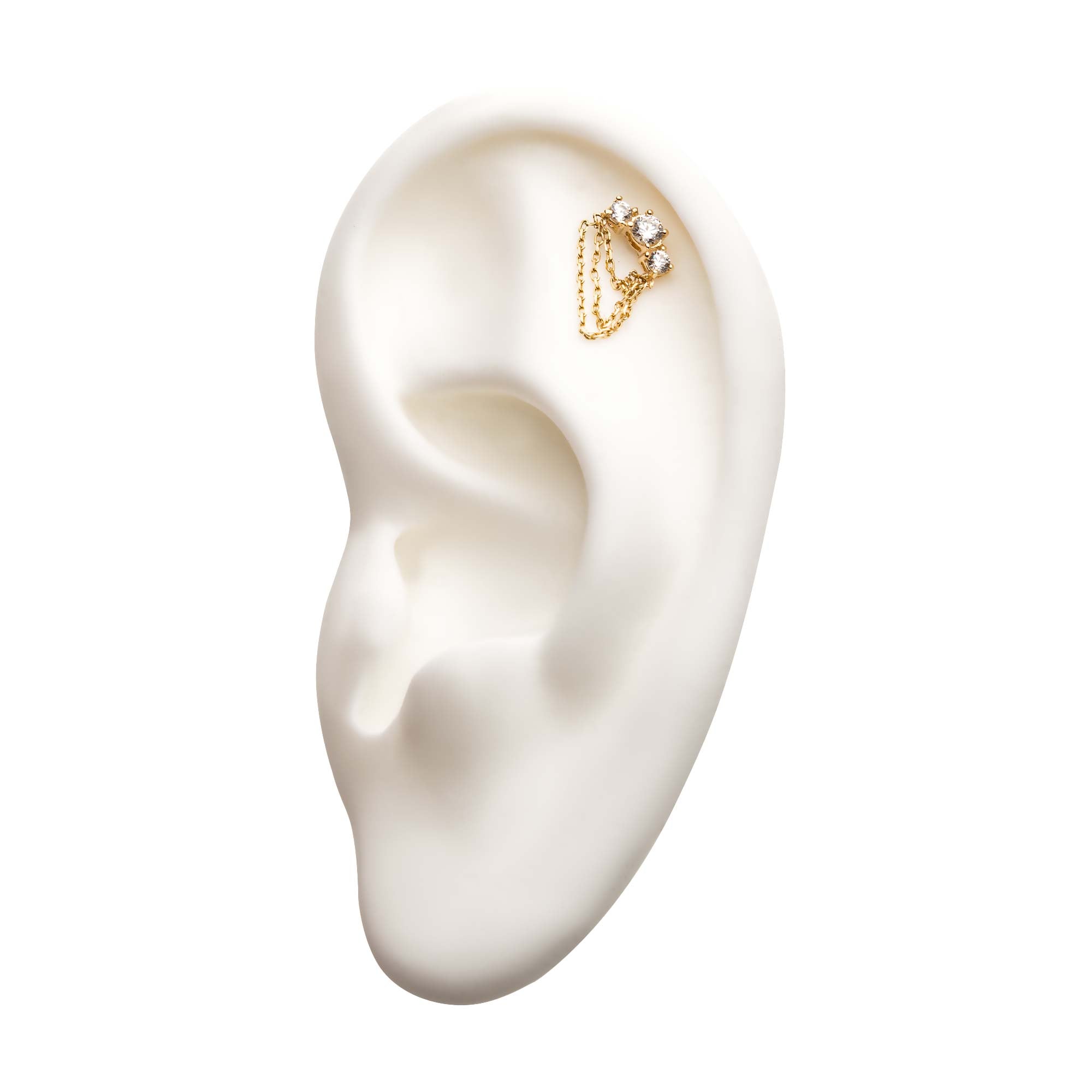 14kt Yellow Gold Threadless Prong Set Clear CZ Top with 3 Dangling Chains