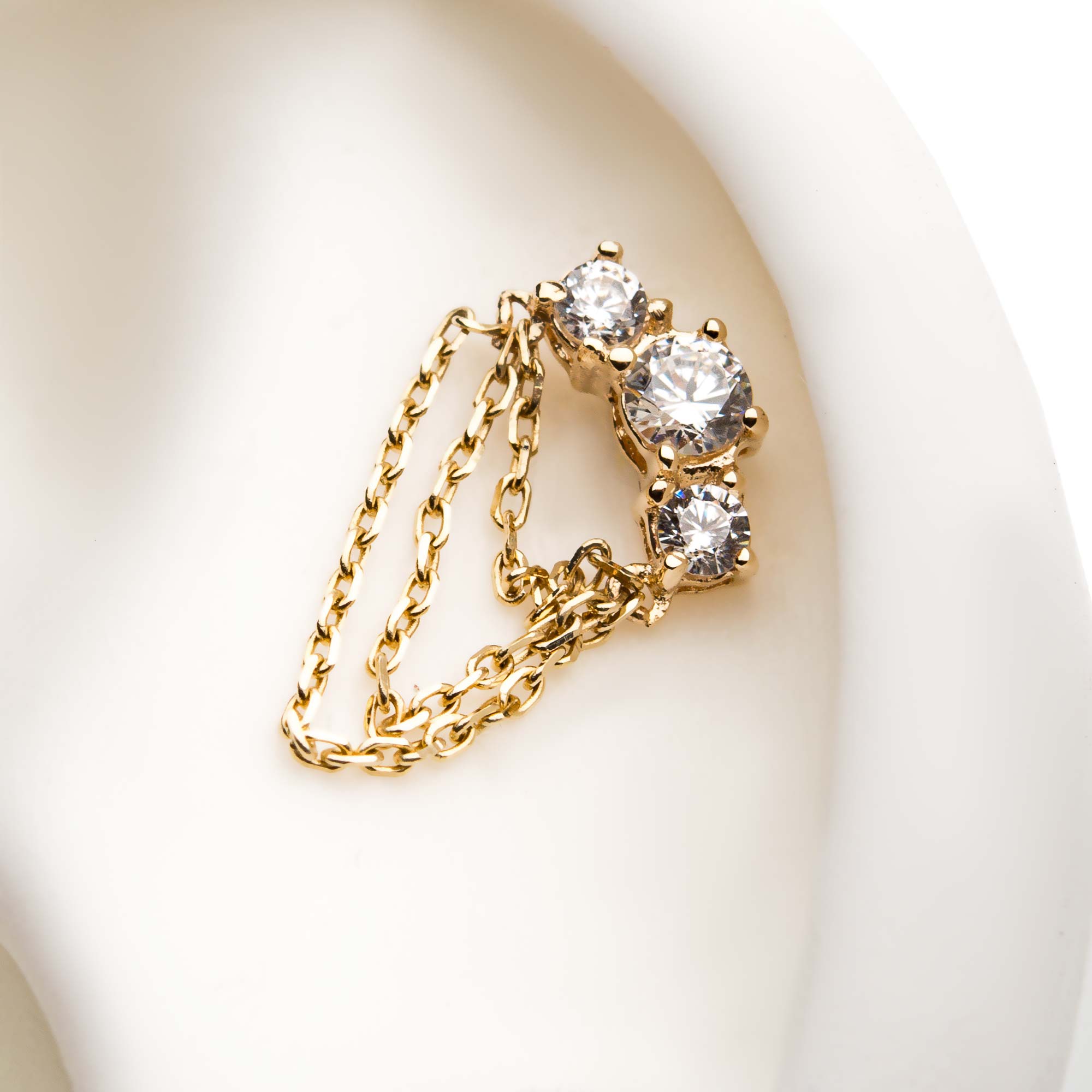 14kt Yellow Gold Threadless Prong Set Clear CZ Top with 3 Dangling Chains