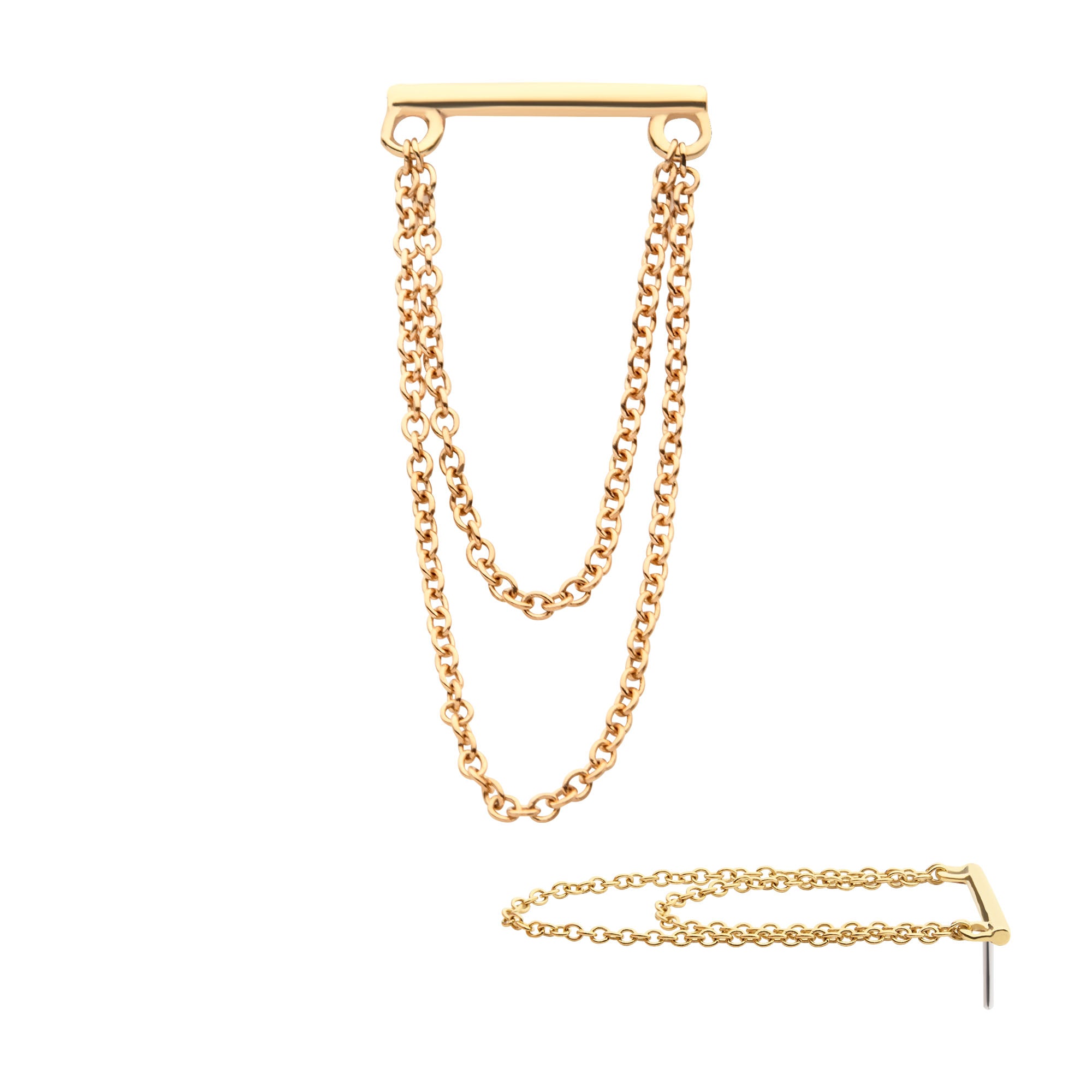 14kt Yellow Gold Threadless Bar Top with 2 Dangling Chains