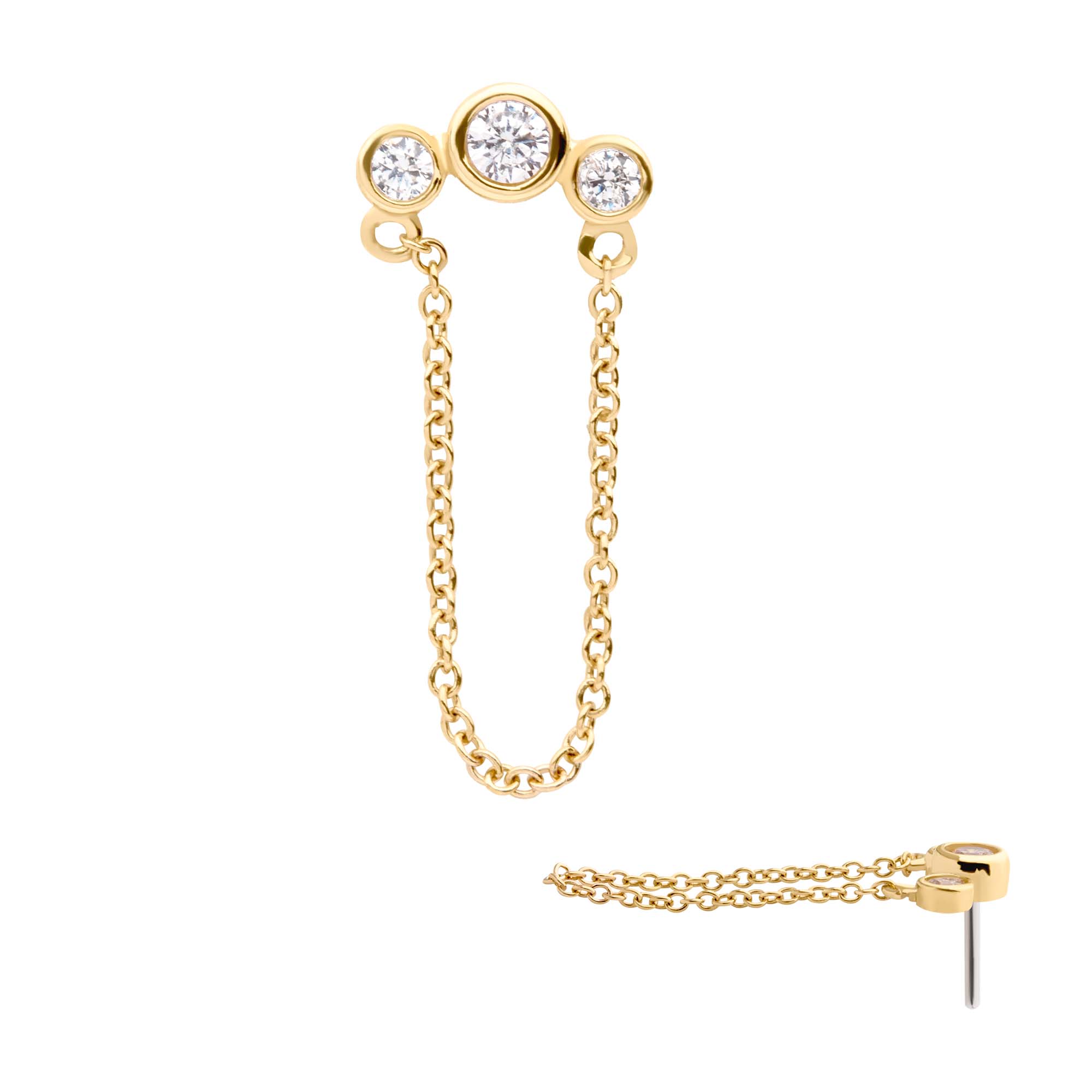 14kt Yellow Gold Threadless Bezel Set CZ 3-Cluster Top with Dangling Chain
