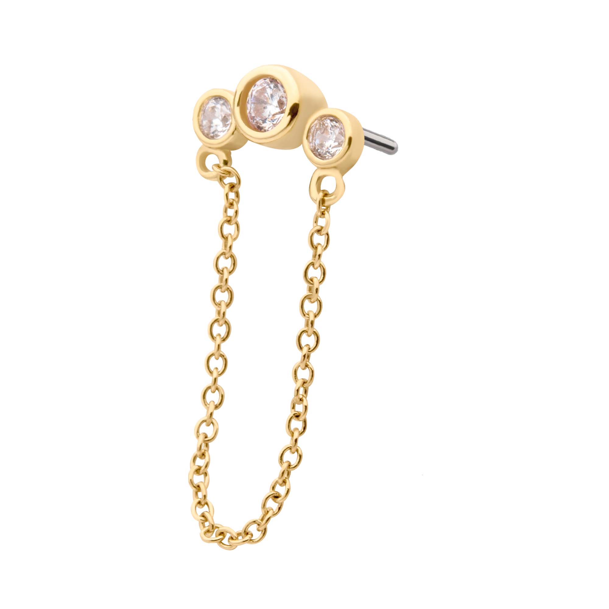 14kt Yellow Gold Threadless Bezel Set CZ 3-Cluster Top with Dangling Chain