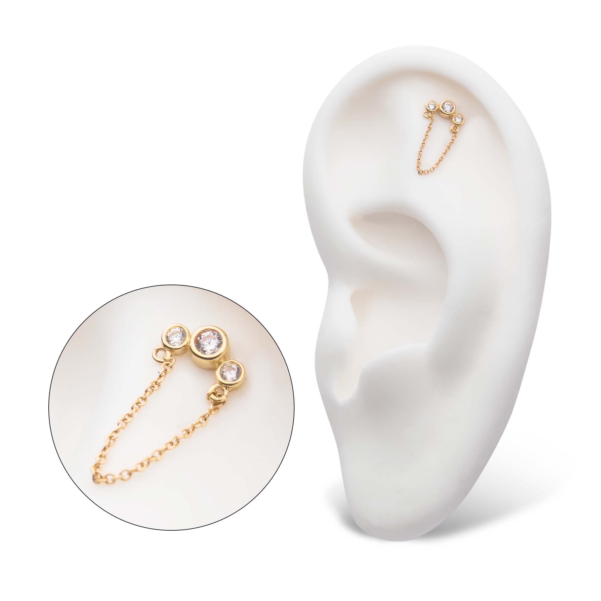 14kt Yellow Gold Threadless Bezel Set CZ 3-Cluster Top with Dangling Chain