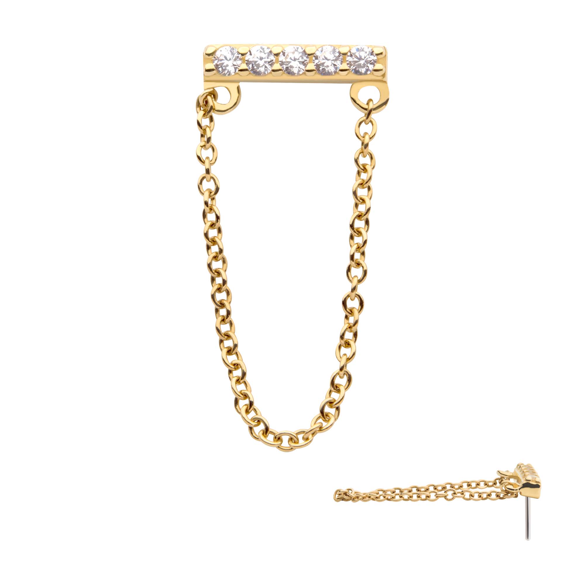 14kt Yellow Gold Threadless 5-Prong Set CZ Bar Top with Dangling Chain
