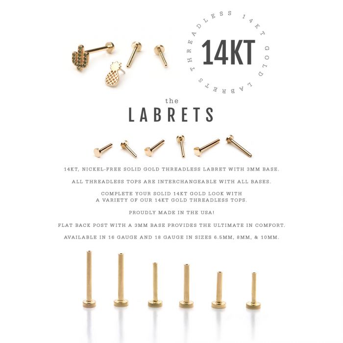 14Kt Gold Threadless Labret with 3mm Base