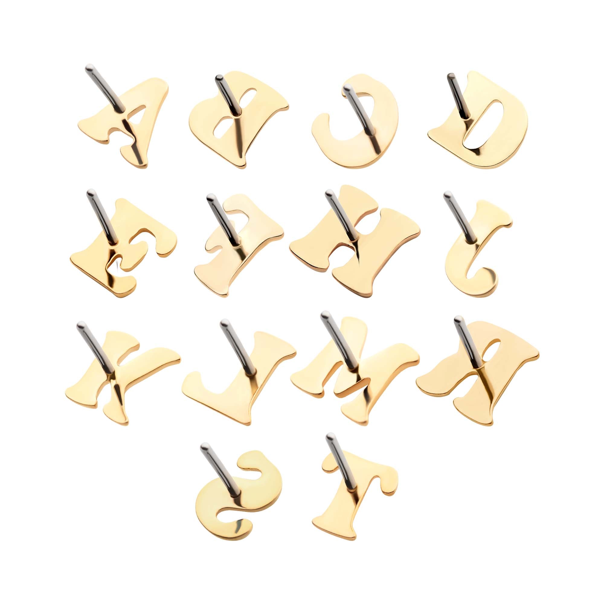 14kt Yellow Gold Threadless Cooper Black Italic Letter Initial Tops