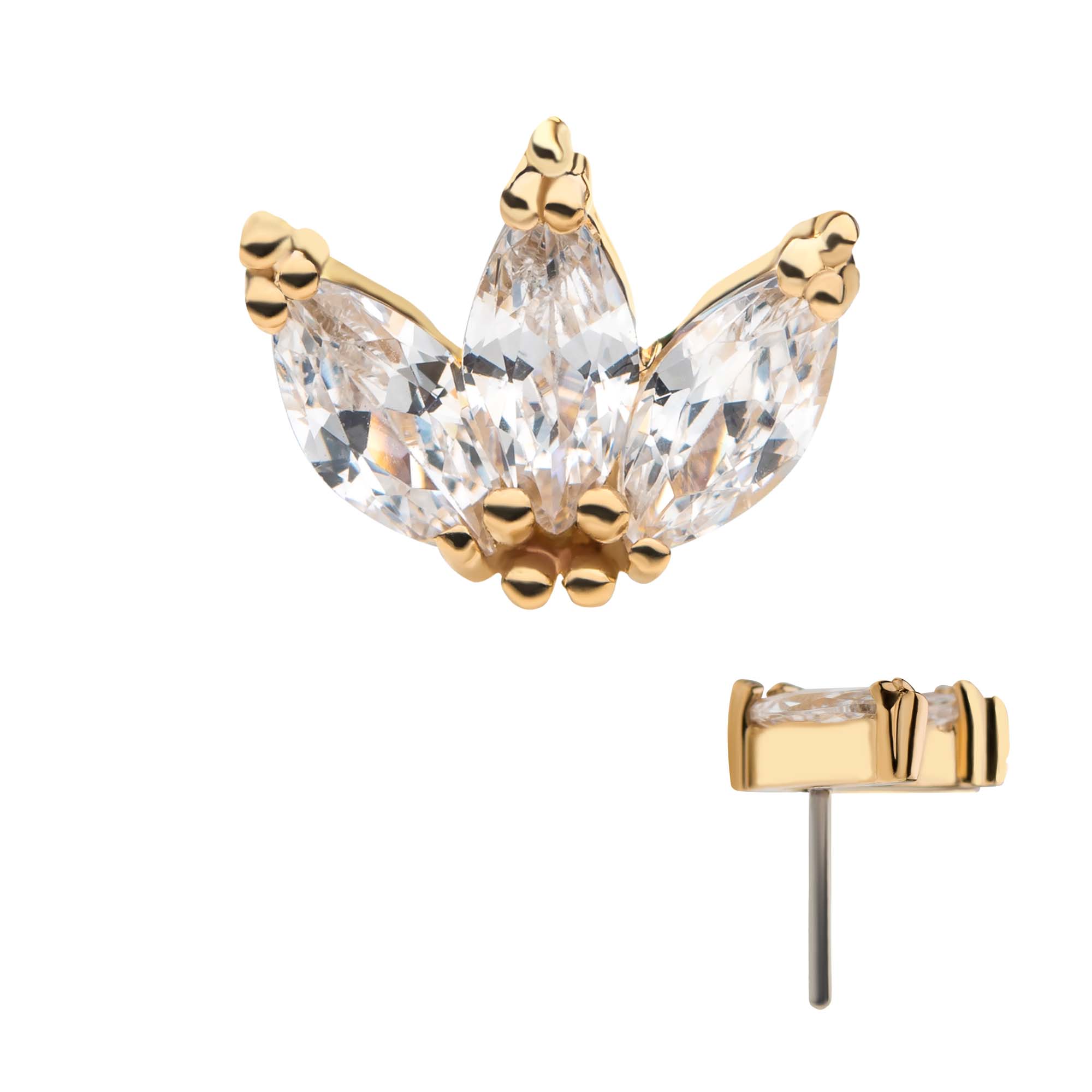 14kt Yellow Gold Threadless Tri-bead Marquise Clear CZ Cluster Top