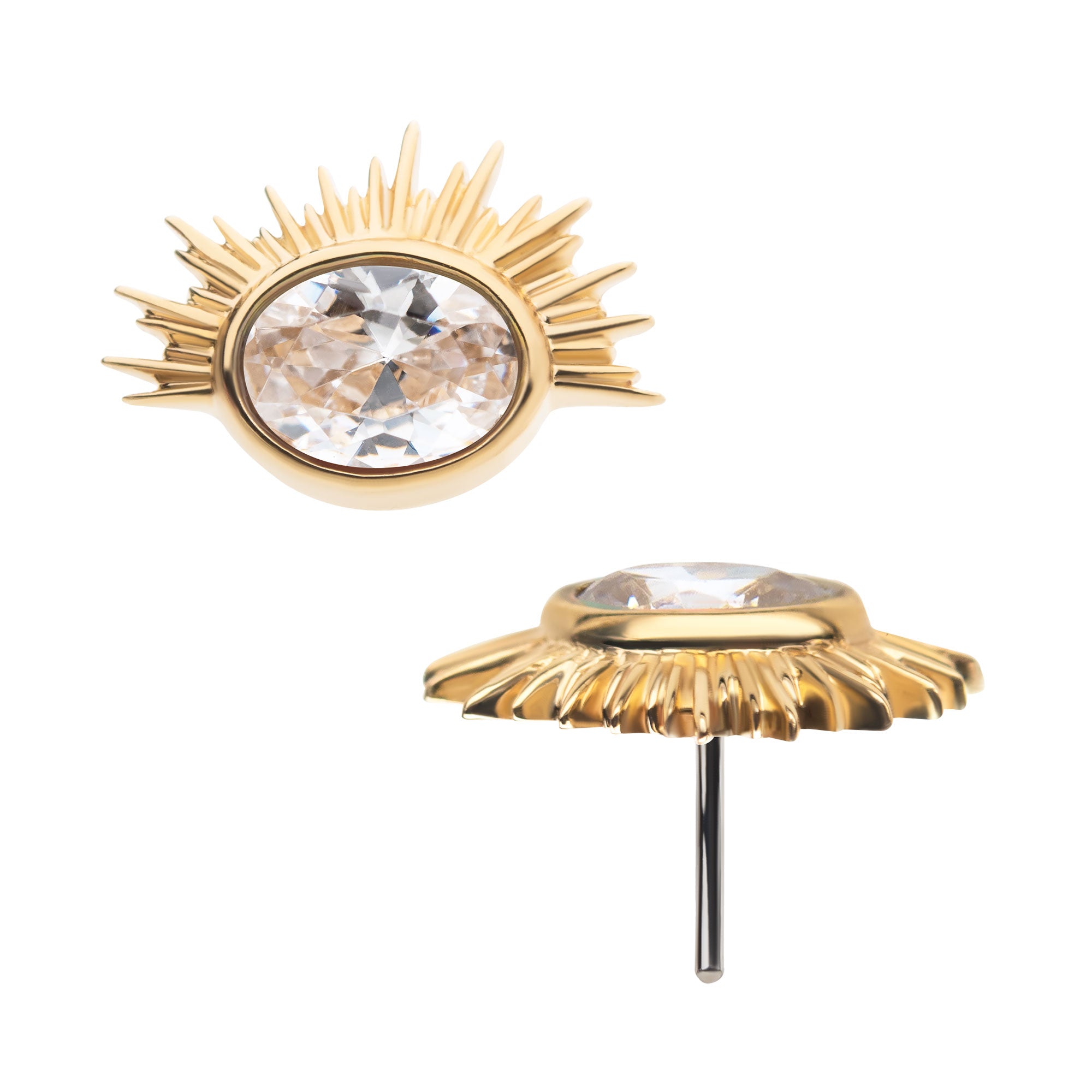 14kt Yellow Gold Threadless Bezel Set Oval Clear CZ/White Synthetic Opal Starburst Top Clear