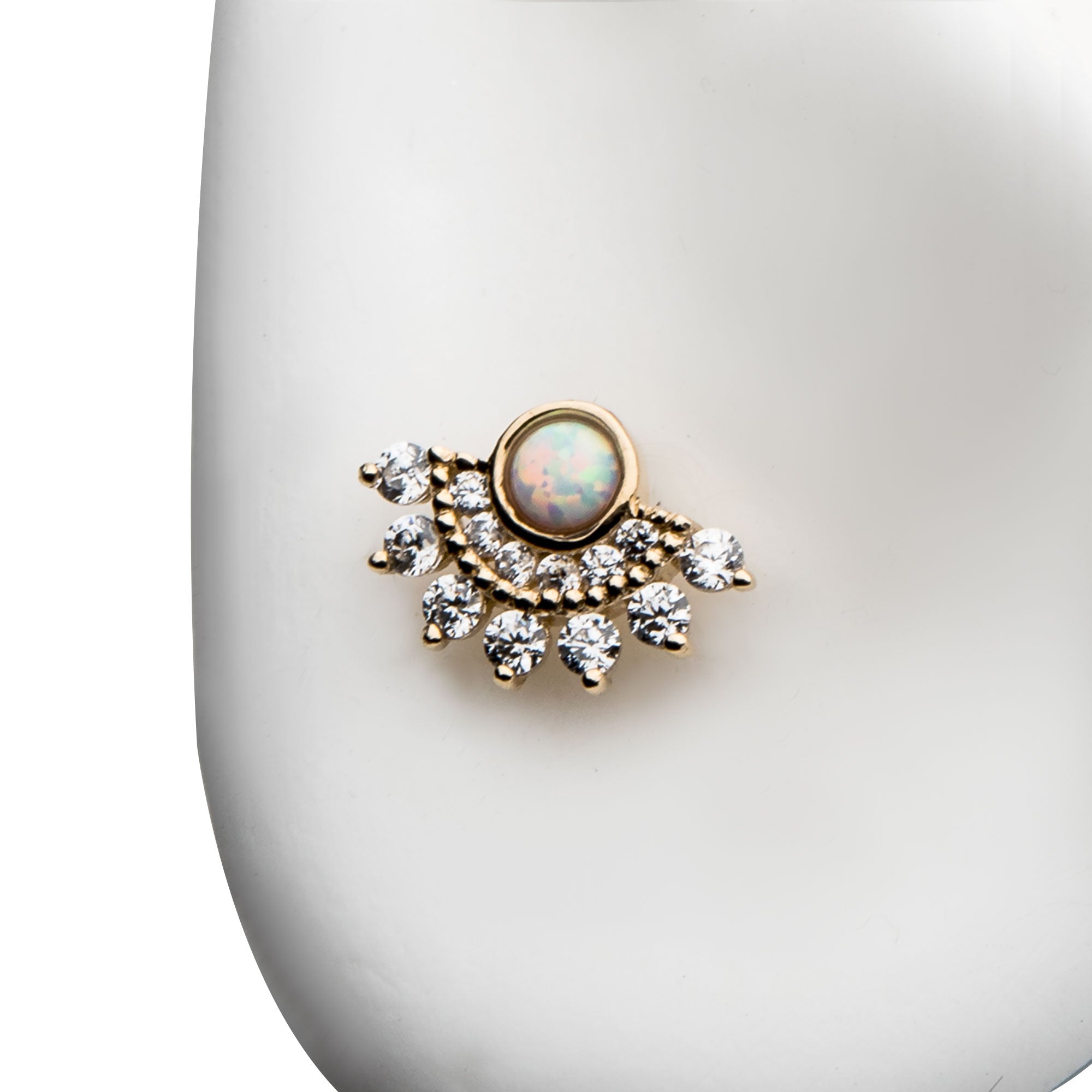 14kt Gold Threadless Bezel White Opalite & Prong Clear CZ Fan Cluster Top