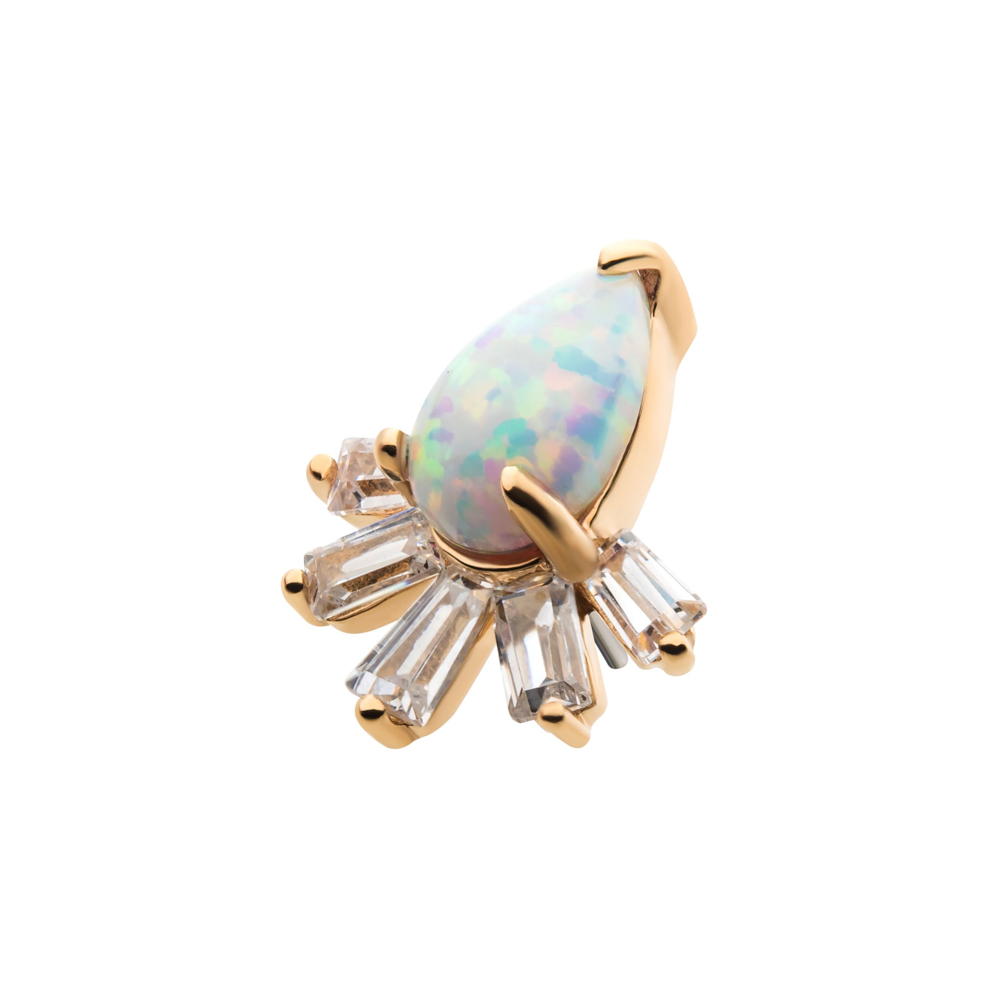 14kt Yellow Gold Threadless Teardrop White Synthetic Opal & Tapered Baguette Clear CZ Cluster Top