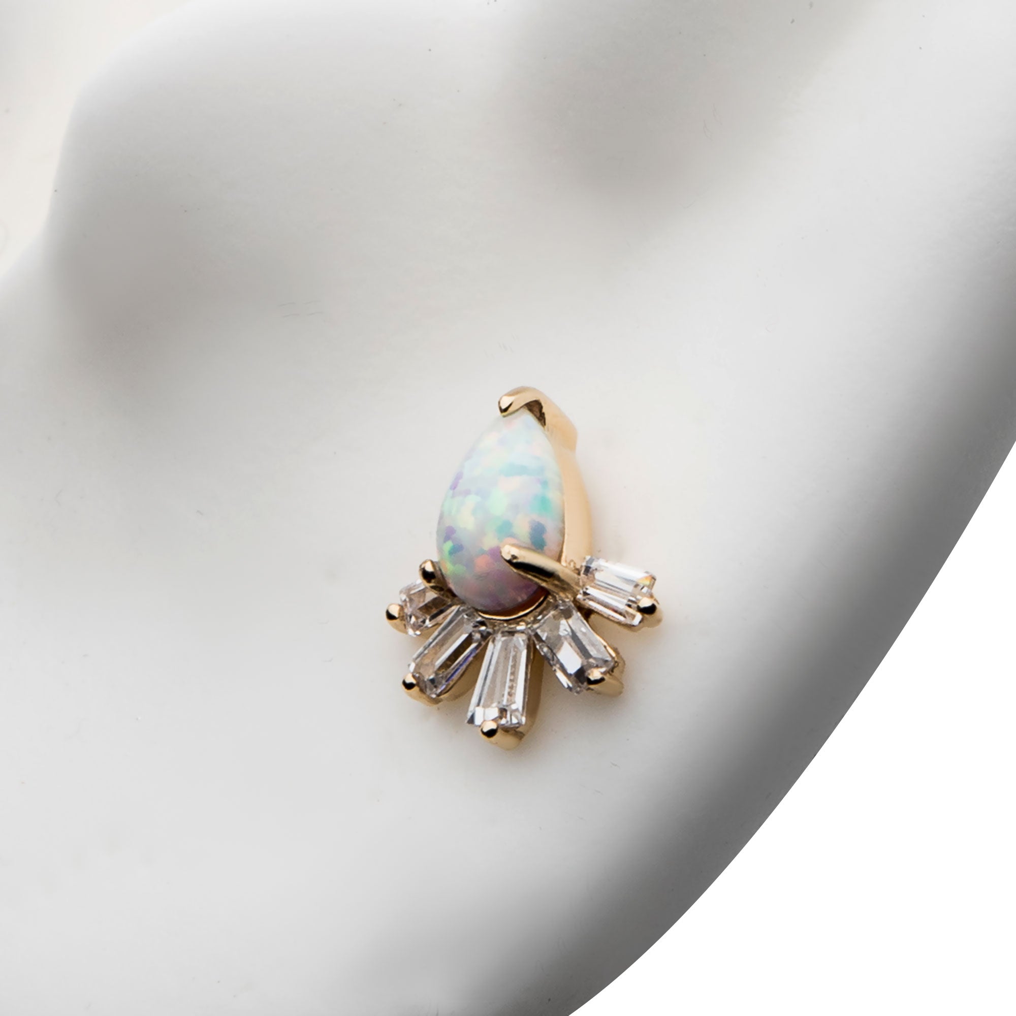 14kt Yellow Gold Threadless Teardrop White Synthetic Opal & Tapered Baguette Clear CZ Cluster Top