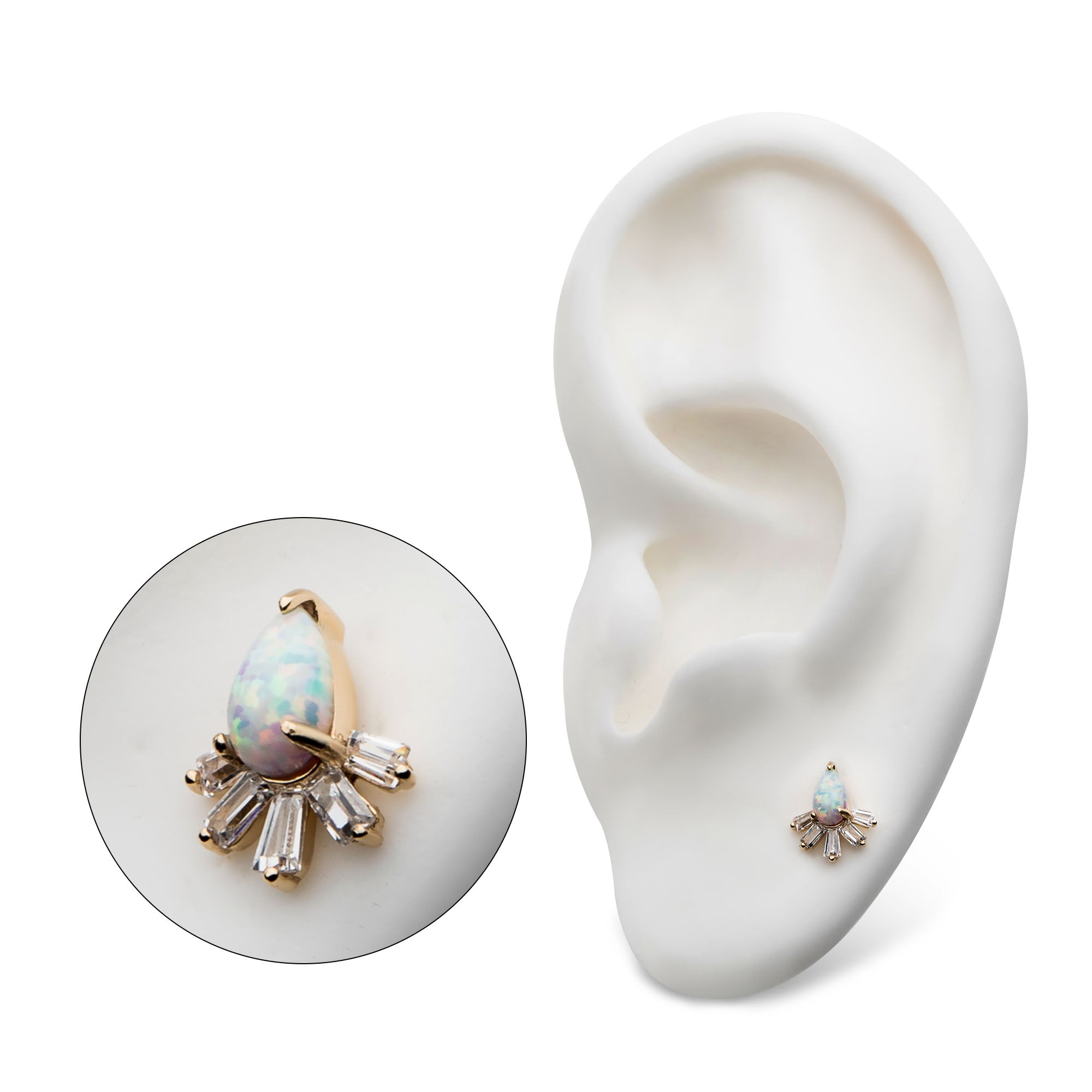 14kt Yellow Gold Threadless Teardrop White Synthetic Opal & Tapered Baguette Clear CZ Cluster Top