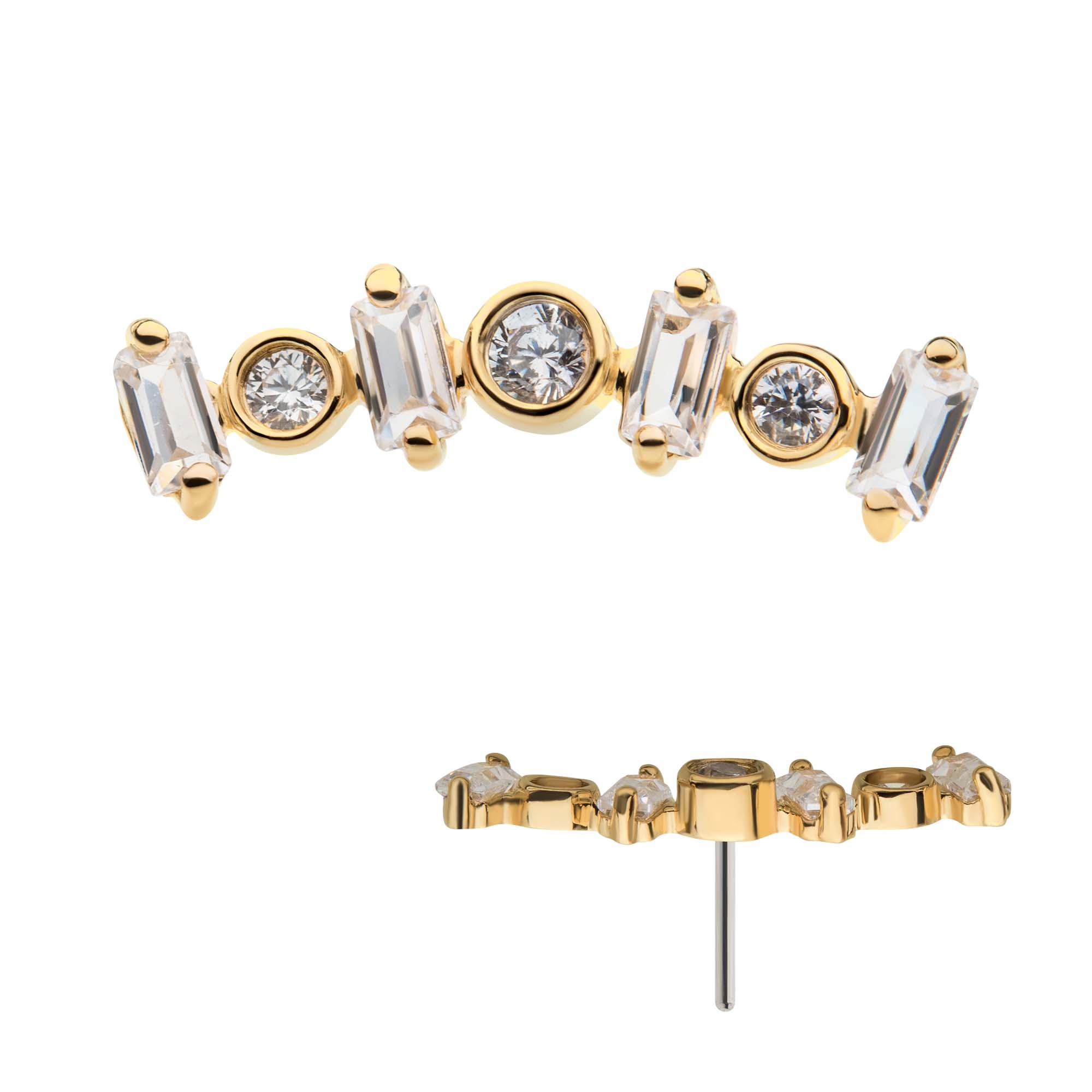 14kt Yellow Gold Threadless Bezel Set Round & Prong Set Baguette Clear CZ Cluster Top