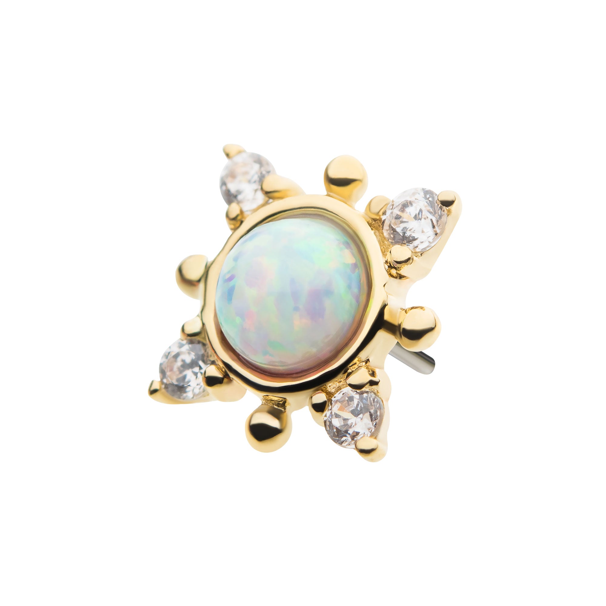 14kt Yellow Gold Threadless White Synthetic Opal, Beads & Round Clear CZ 4-Point Top