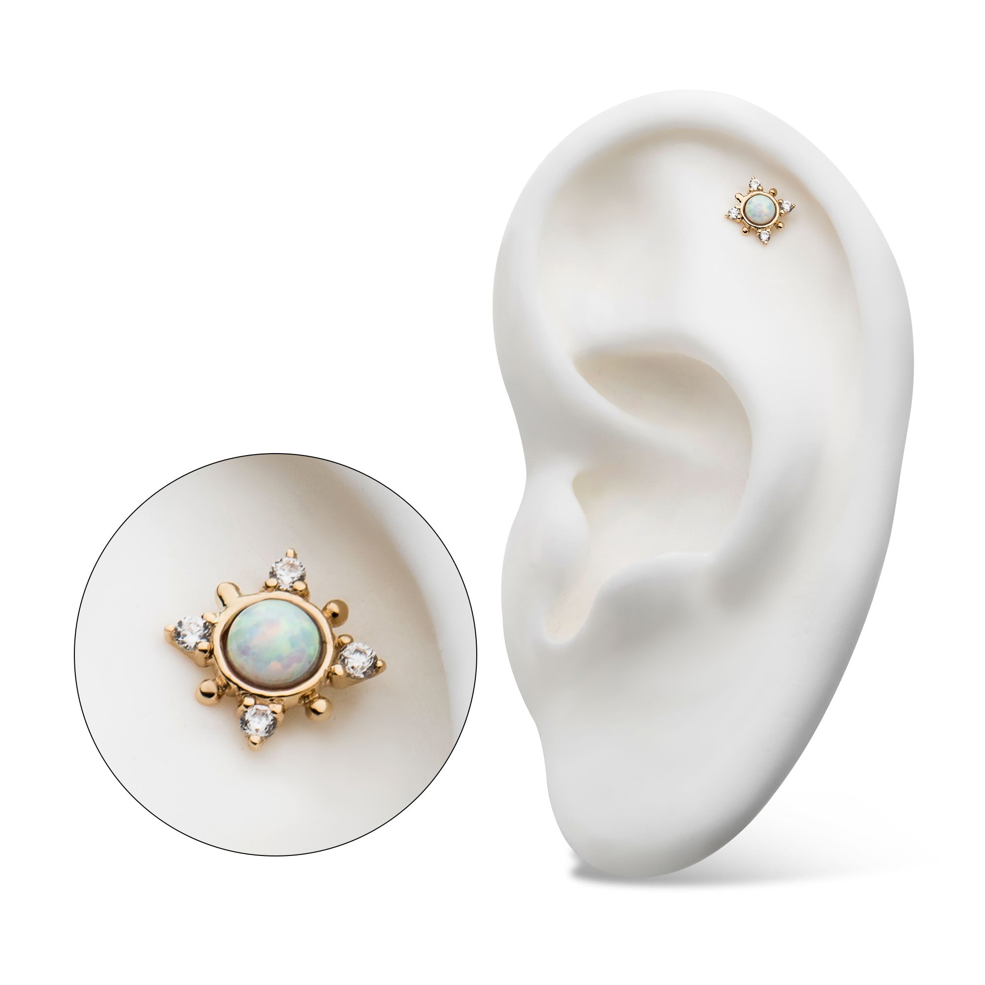 14kt Yellow Gold Threadless White Synthetic Opal, Beads & Round Clear CZ 4-Point Top