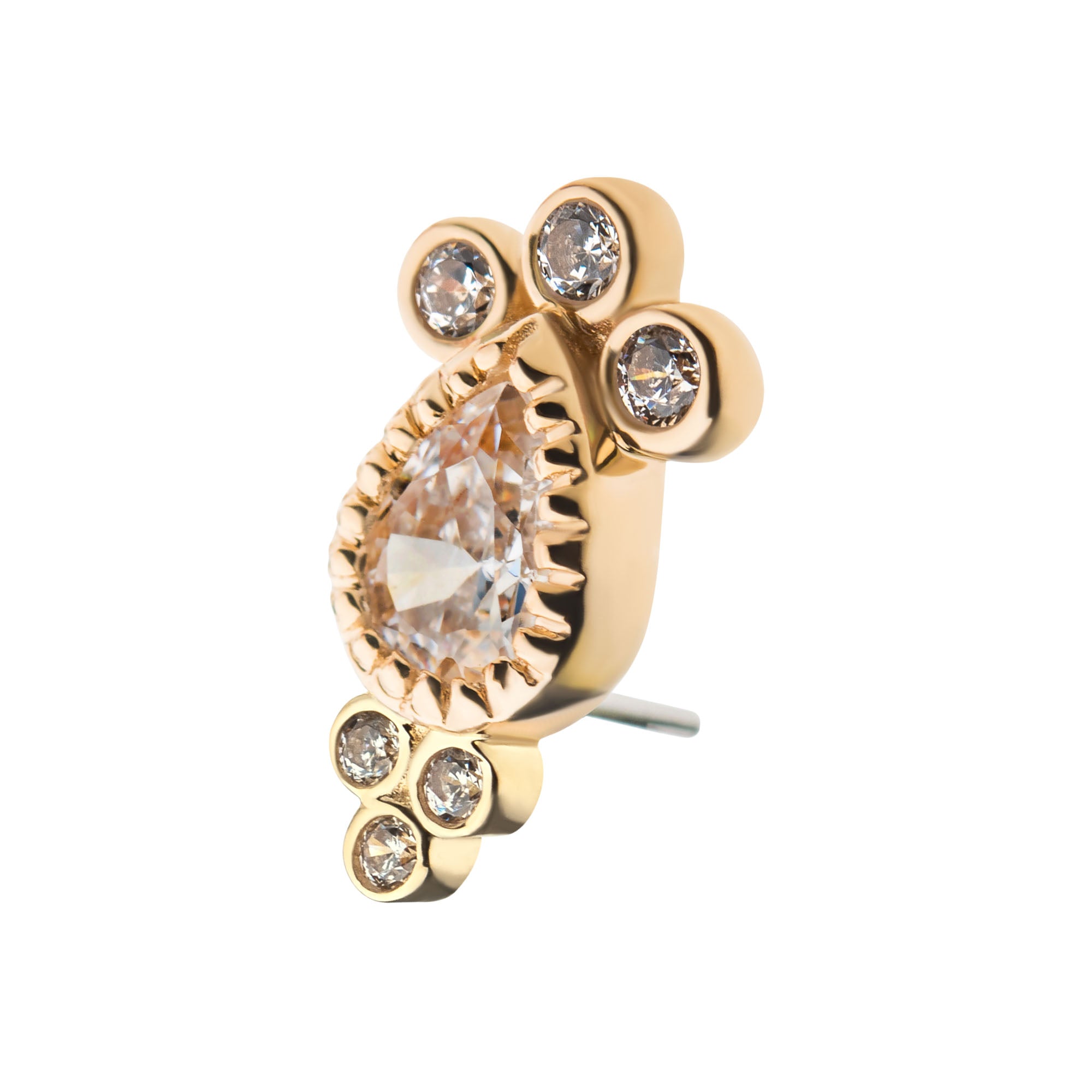 14kt Yellow Gold Threadless Tri-gem Teardrop Clear CZ Top