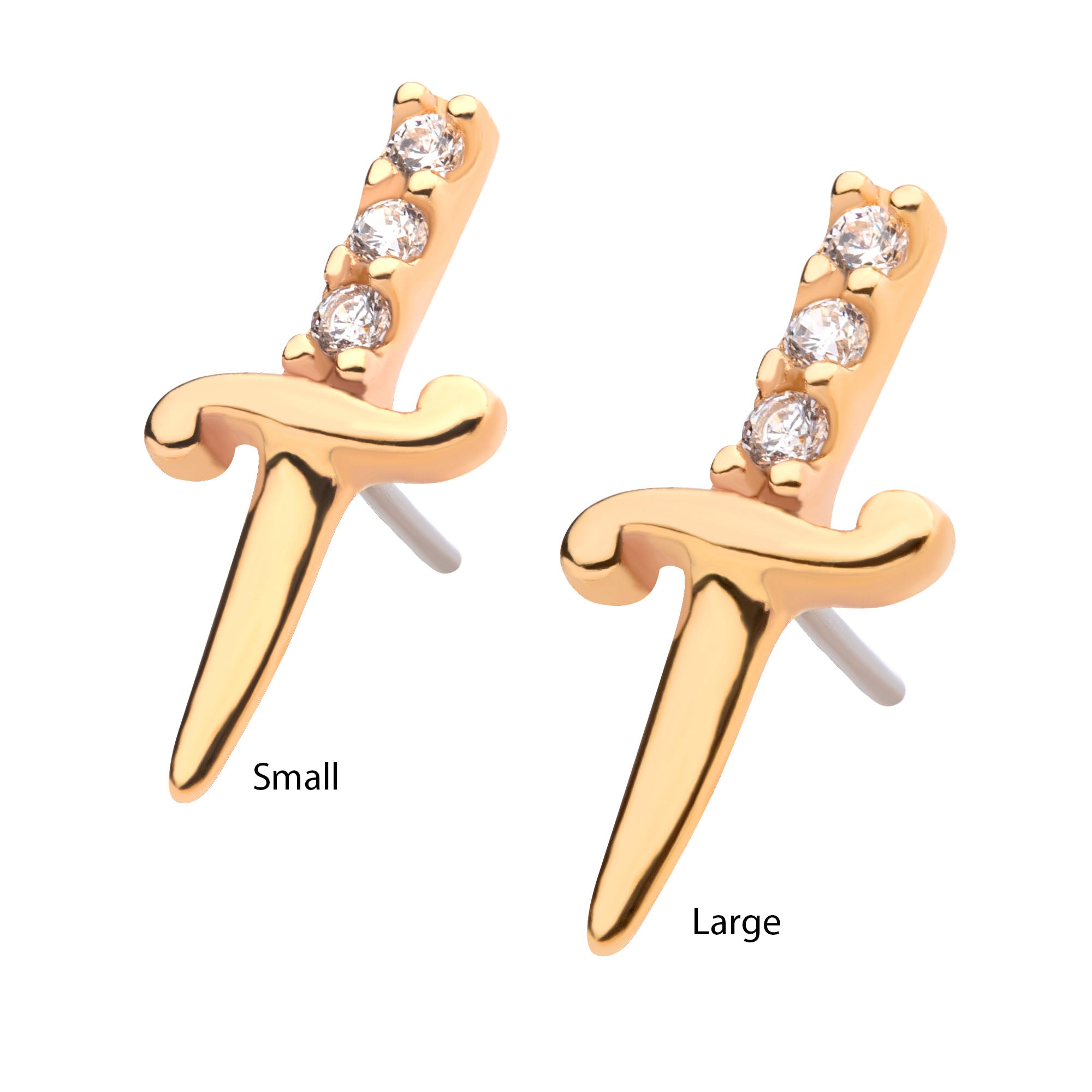 14kt Yellow Gold Threadless Dagger with 3-CZ Gem Handle Top